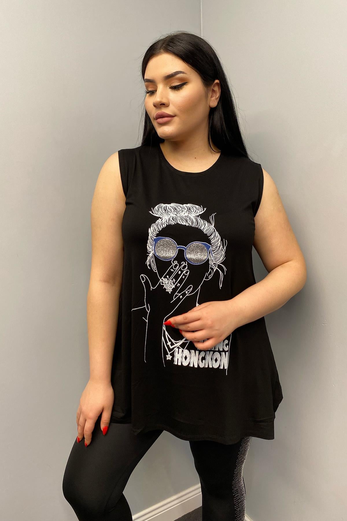Tshirt Büyük Beden Kız Figürlü Kolsuz T-Shirt Siyah