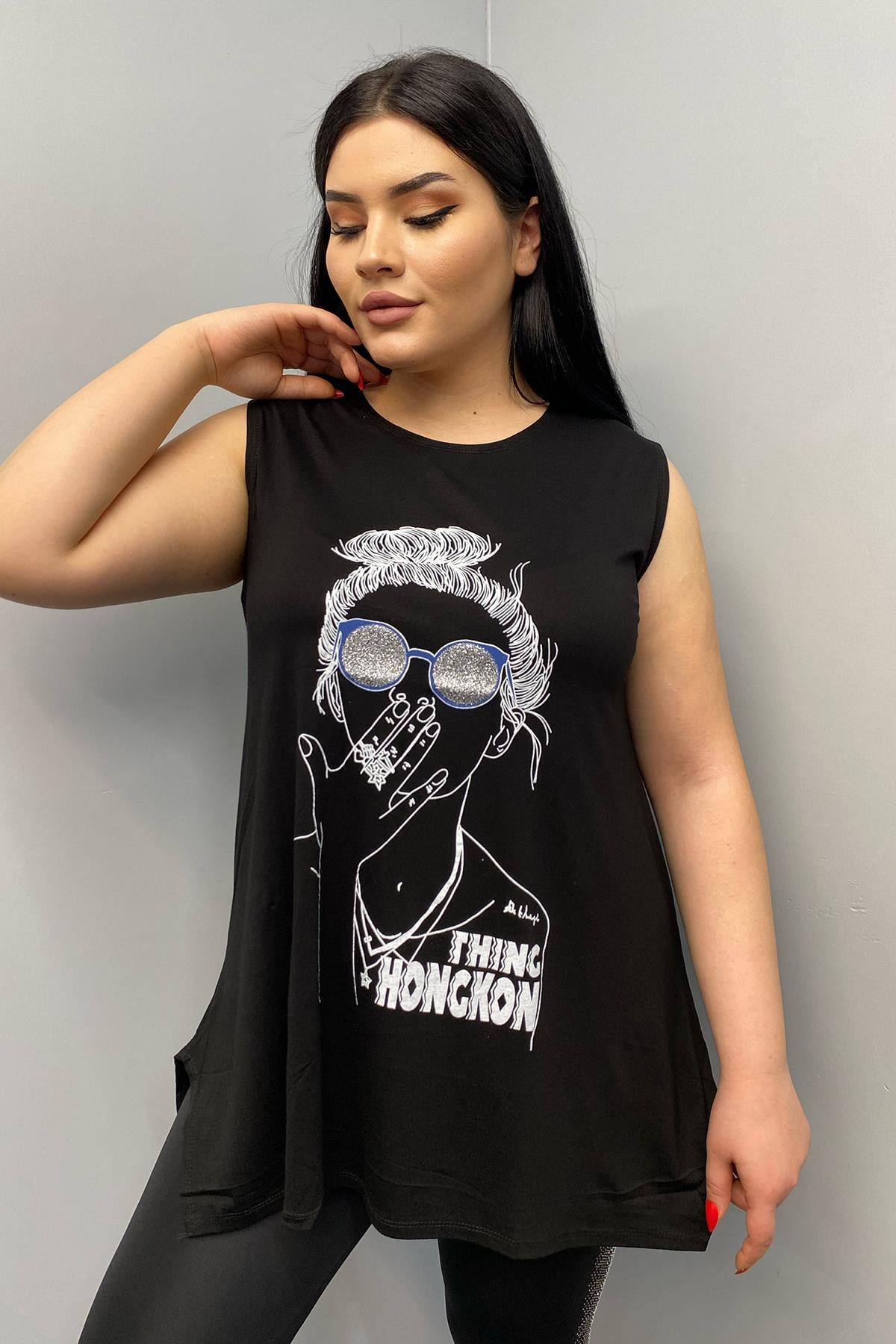 Tshirt Büyük Beden Kız Figürlü Kolsuz T-Shirt Siyah