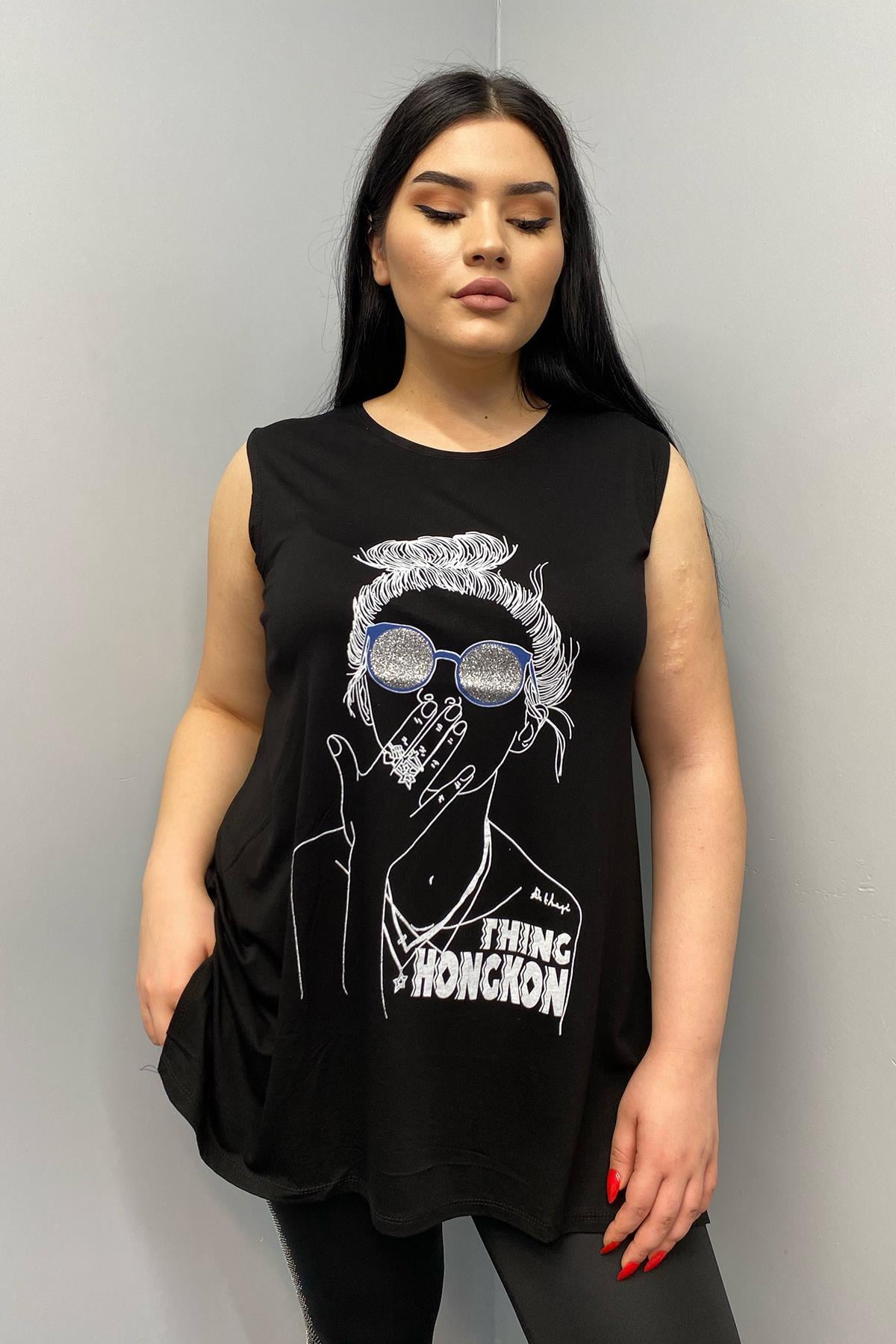 Tshirt Büyük Beden Kız Figürlü Kolsuz T-Shirt Siyah