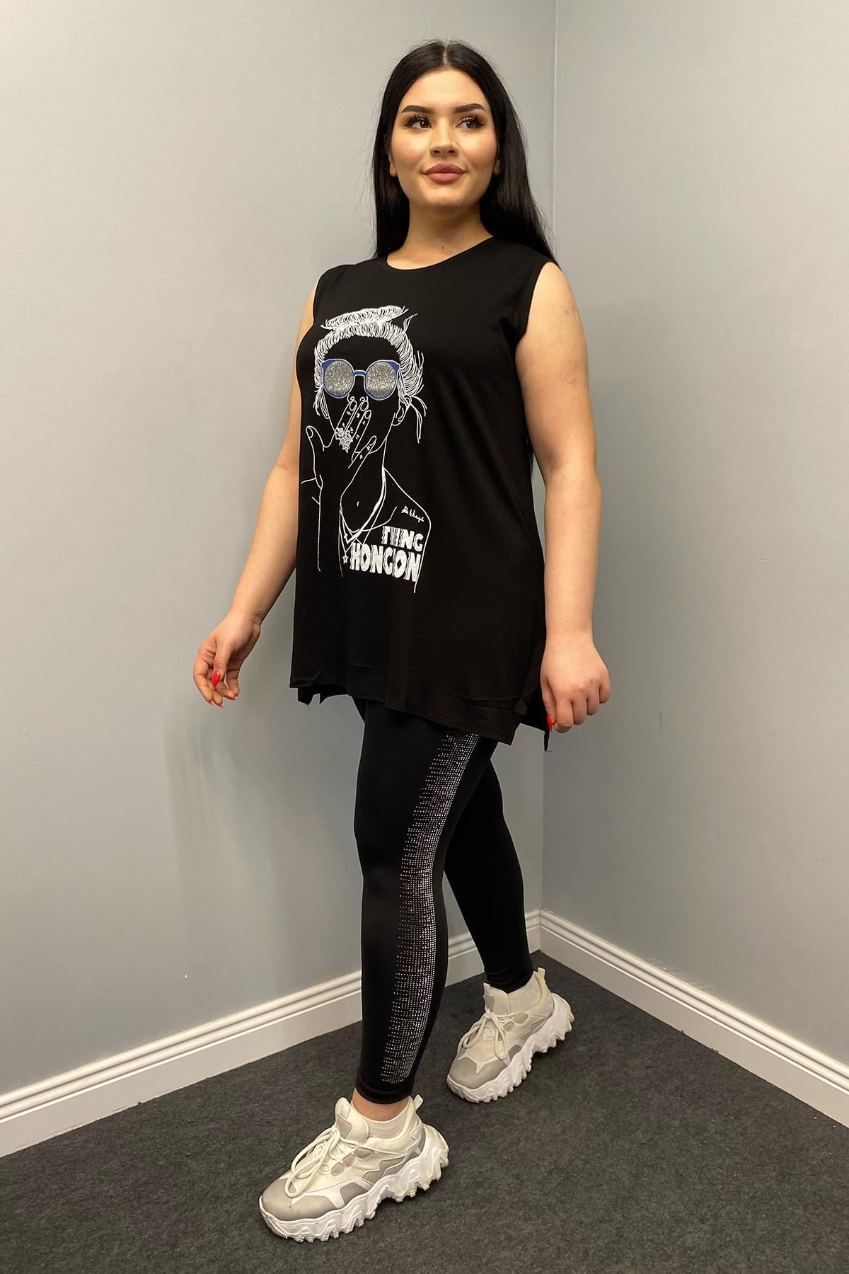 Tshirt Büyük Beden Kız Figürlü Kolsuz T-Shirt Siyah