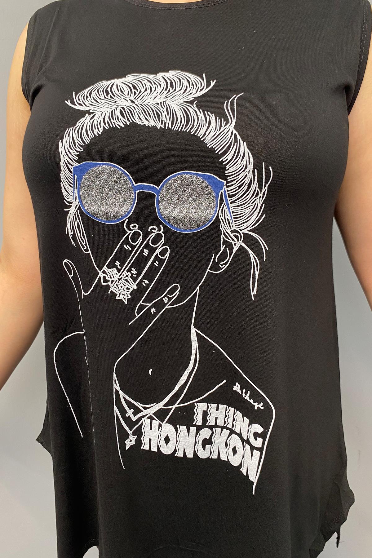 Tshirt Büyük Beden Kız Figürlü Kolsuz T-Shirt Siyah