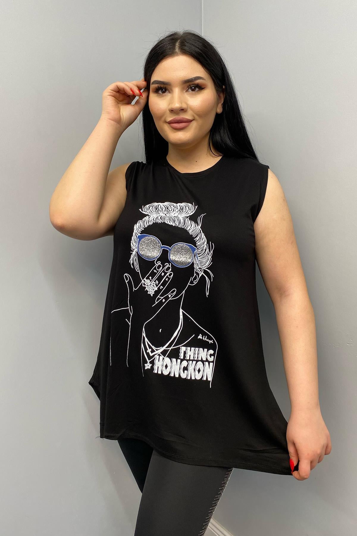 Tshirt Büyük Beden Kız Figürlü Kolsuz T-Shirt Siyah