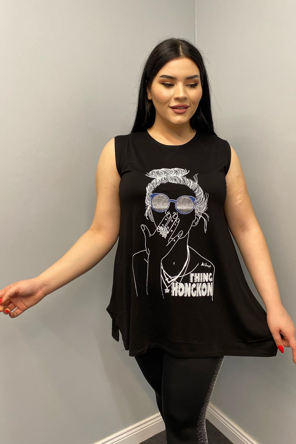 Tshirt Büyük Beden Kız Figürlü Kolsuz T-Shirt Siyah
