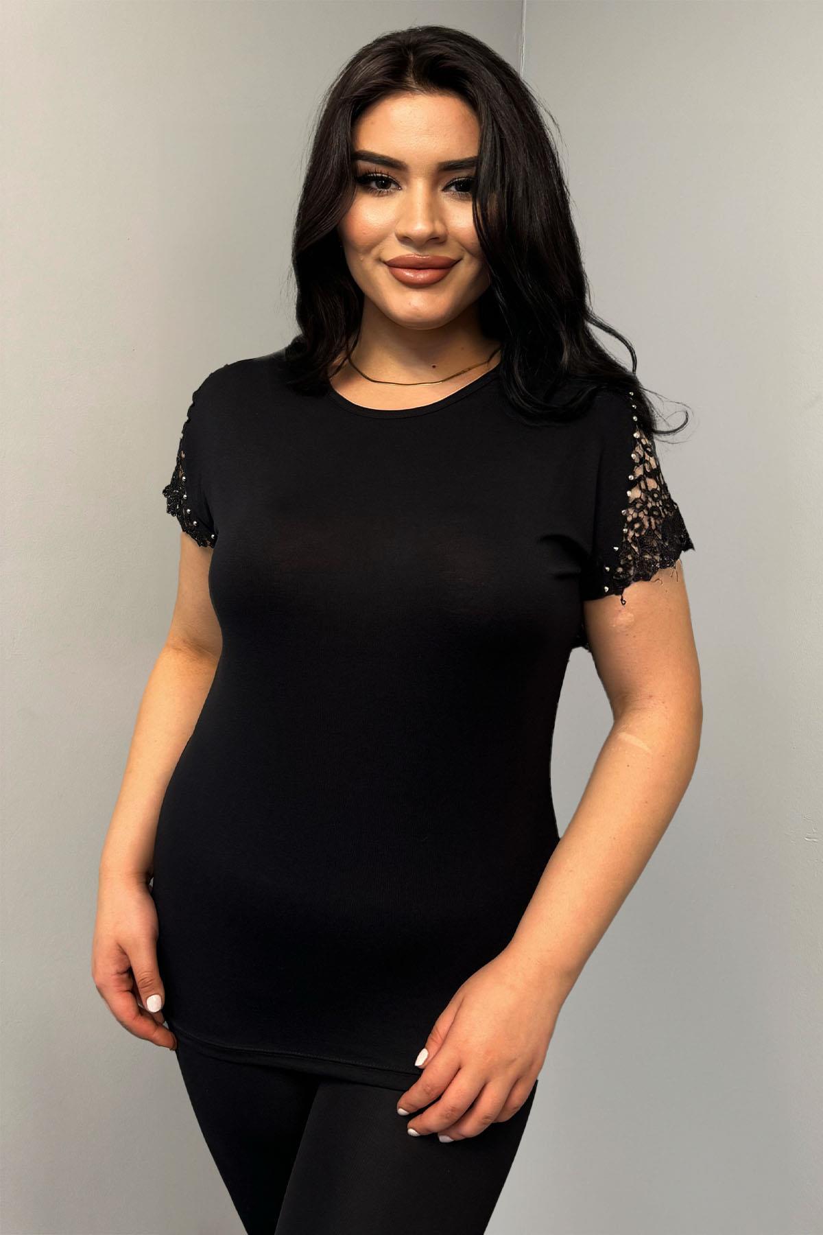 Tshirt Büyük Beden Kolları Dantel Detaylı Pamuklu Tshirt