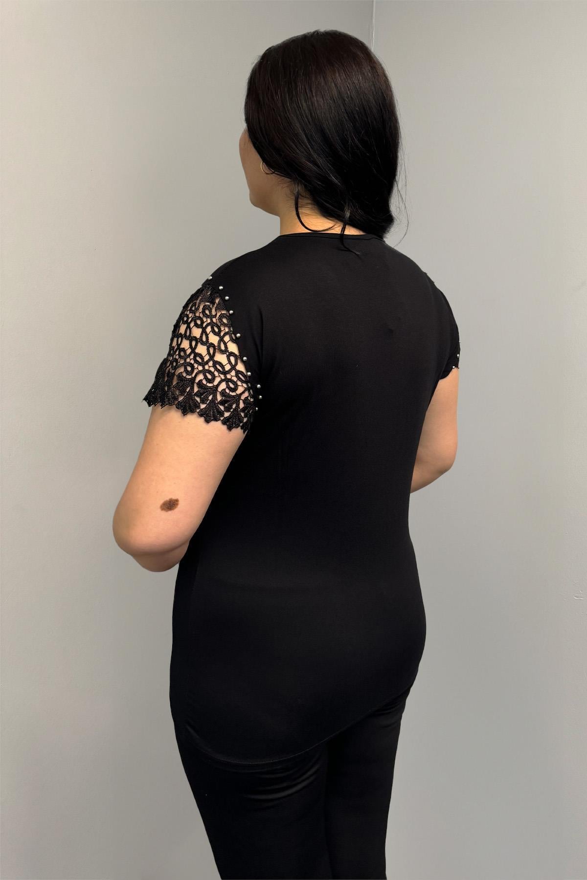 Tshirt Büyük Beden Kolları Dantel Detaylı Pamuklu Tshirt