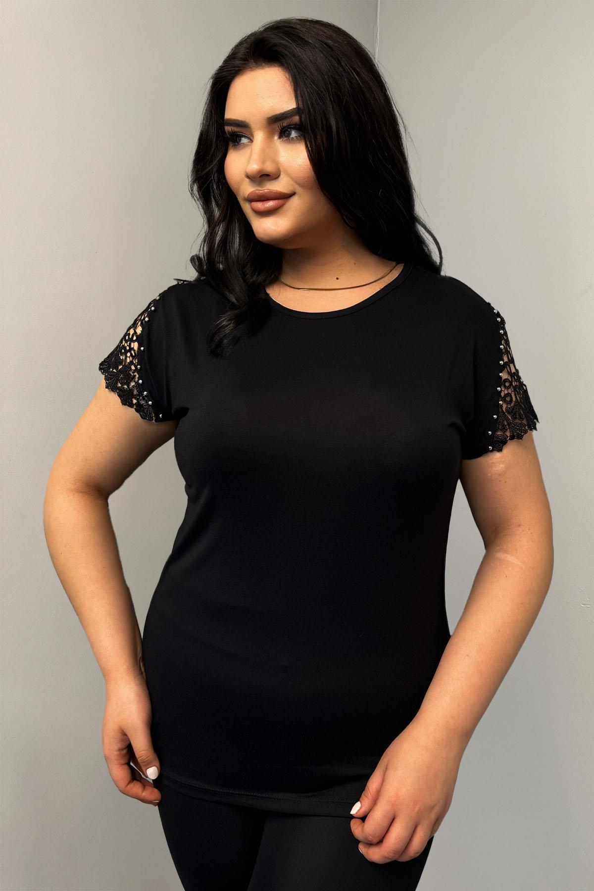 Tshirt Büyük Beden Kolları Dantel Detaylı Pamuklu Tshirt