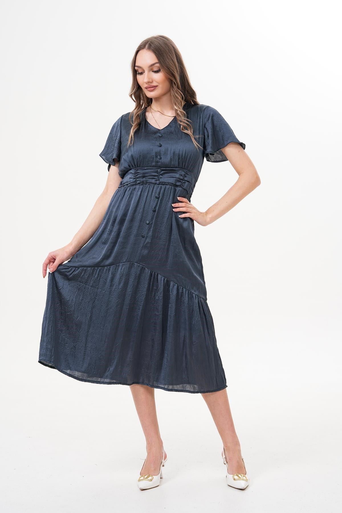 Elbise Büyük Beden Kolları Fırfırlı Saten Elbise