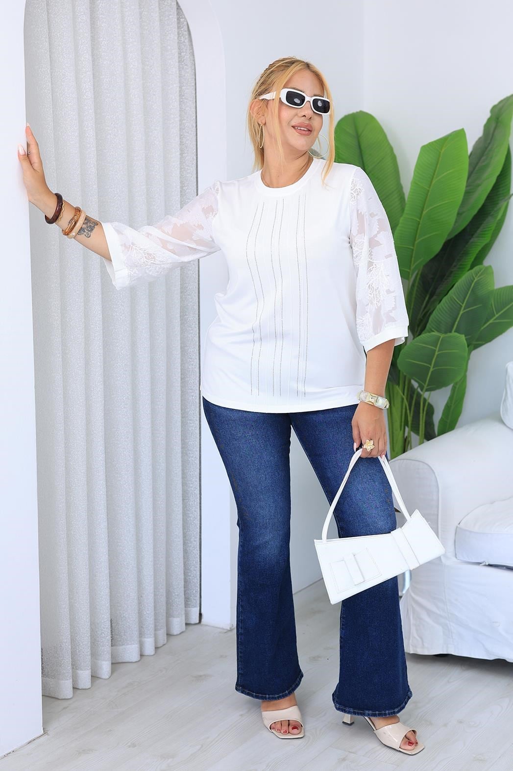 Kısa Kol Bluz Büyük Beden Kolları İşleme Detaylı Bluz