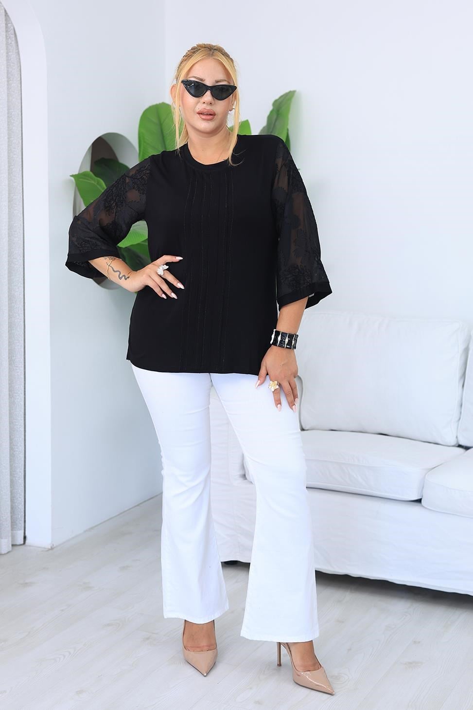 Kısa Kol Bluz Büyük Beden Kolları İşleme Detaylı Bluz