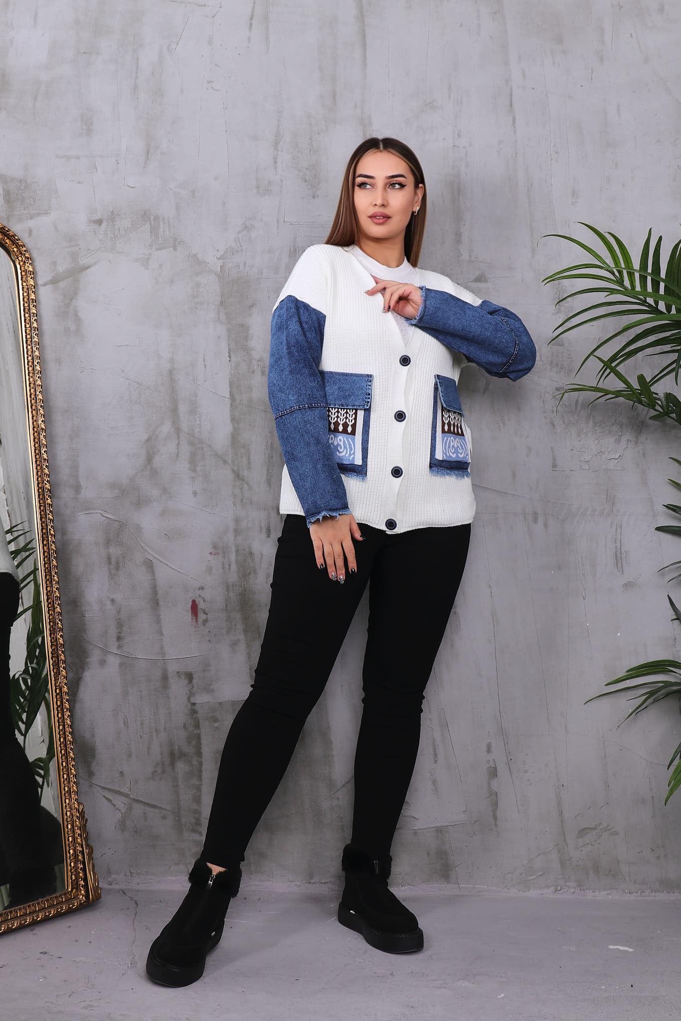 Hırka Büyük Beden Kolları Jean Detaylı Hırka