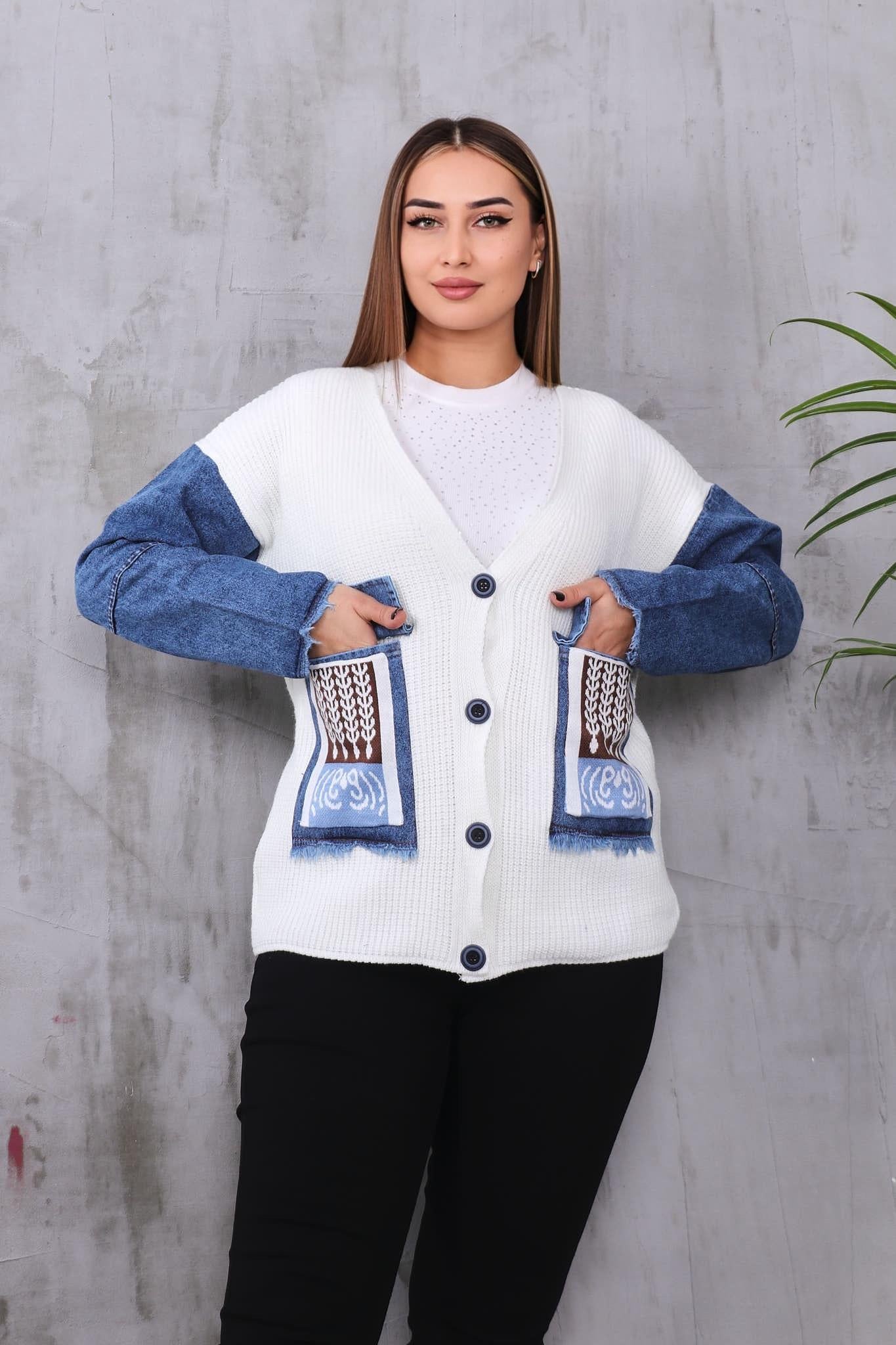 Hırka Büyük Beden Kolları Jean Detaylı Hırka