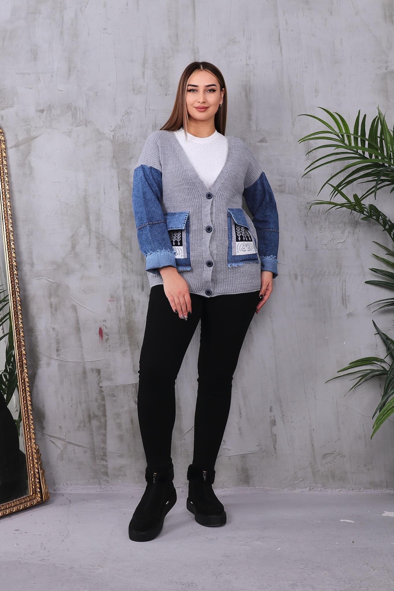 Hırka Büyük Beden Kolları Jean Detaylı Hırka