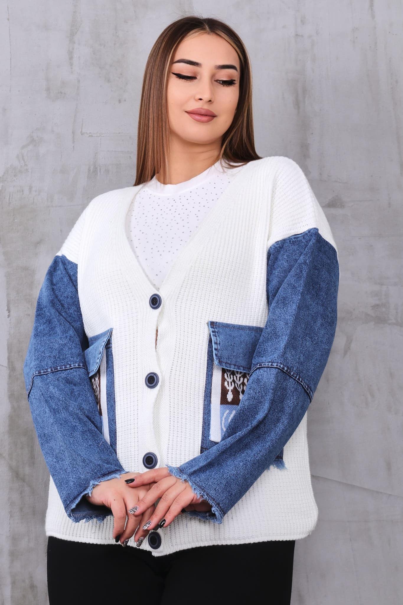 Hırka Büyük Beden Kolları Jean Detaylı Hırka