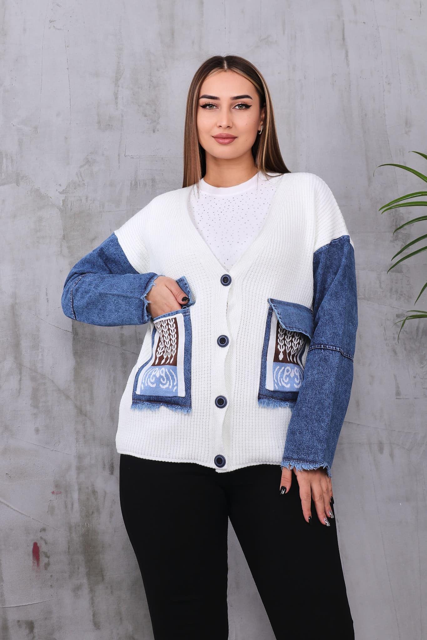 Hırka Büyük Beden Kolları Jean Detaylı Hırka