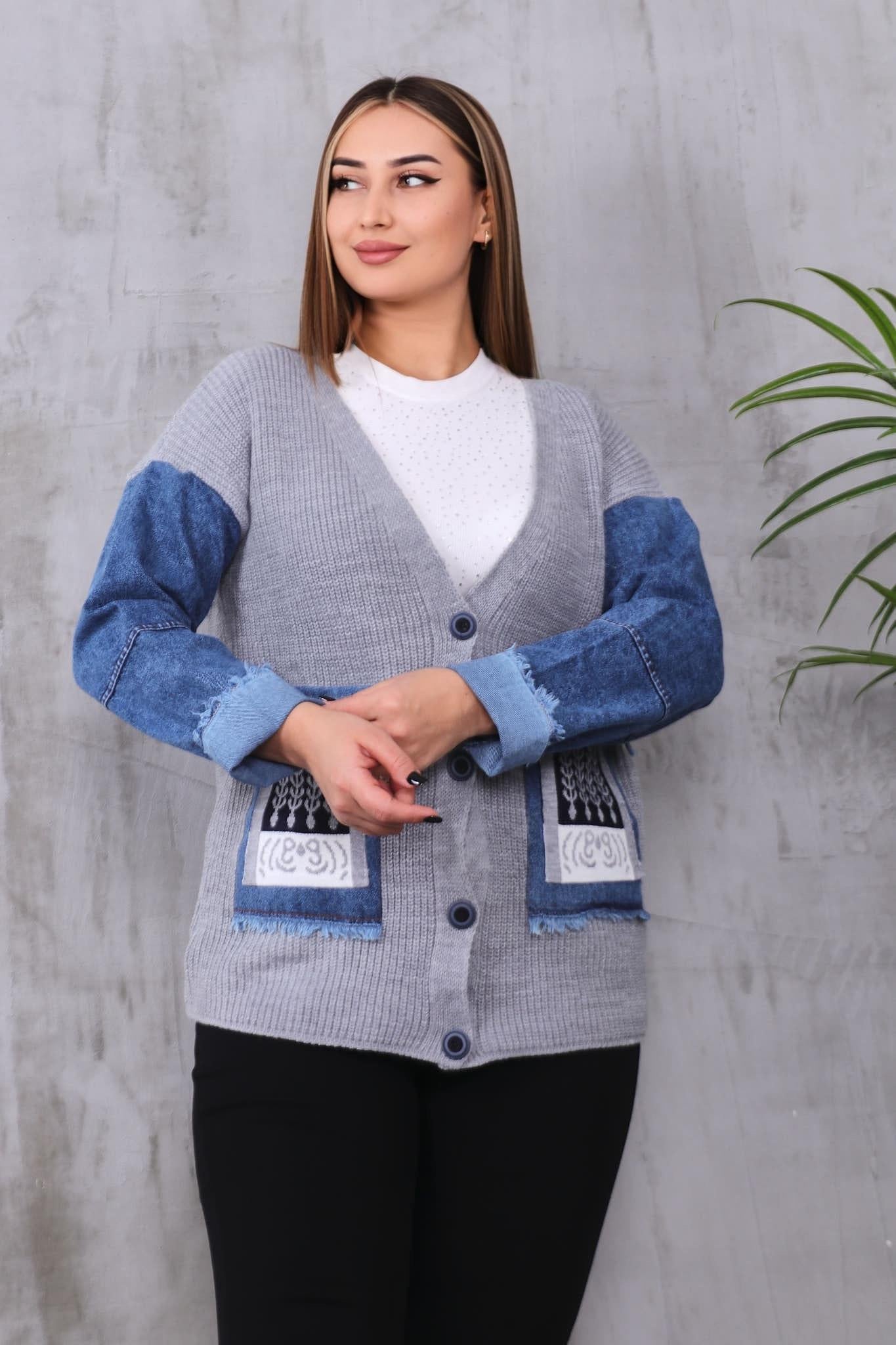 Hırka Büyük Beden Kolları Jean Detaylı Hırka