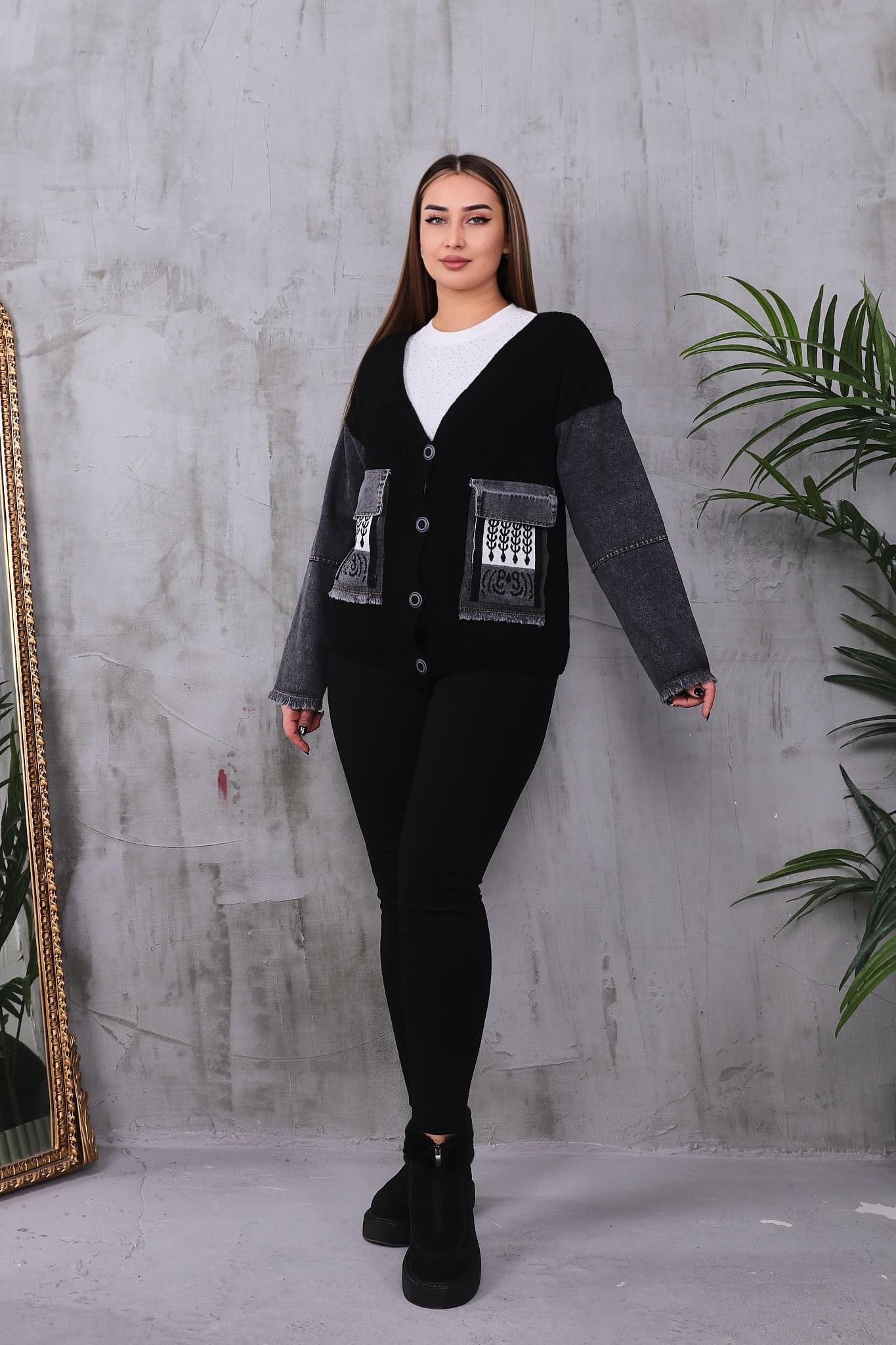 Hırka Büyük Beden Kolları Jean Detaylı Hırka