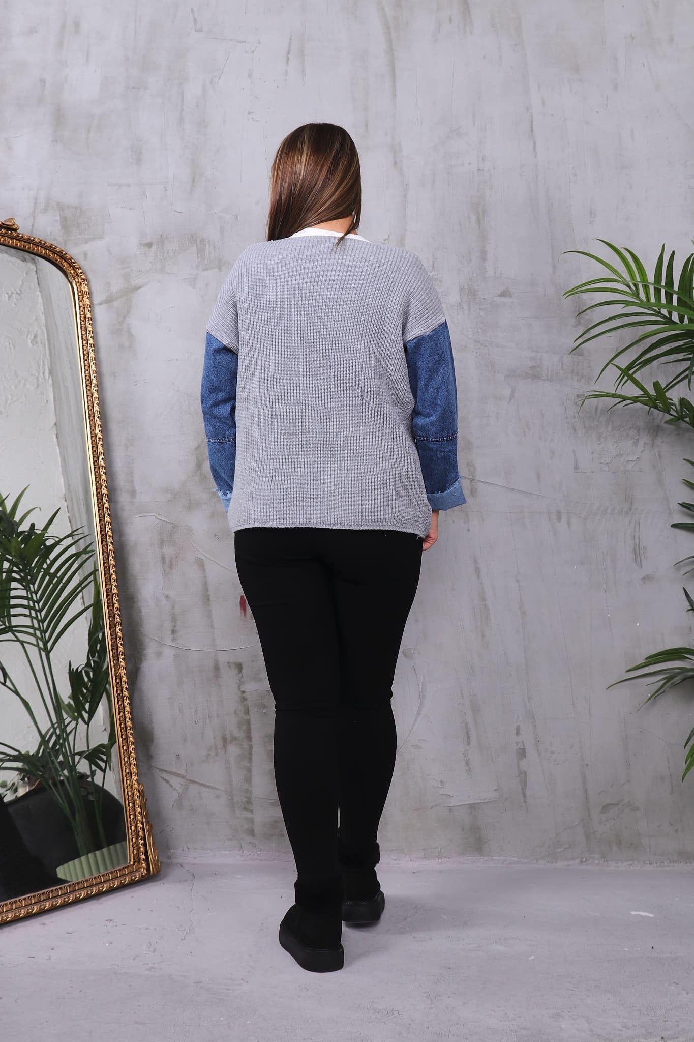 Hırka Büyük Beden Kolları Jean Detaylı Hırka