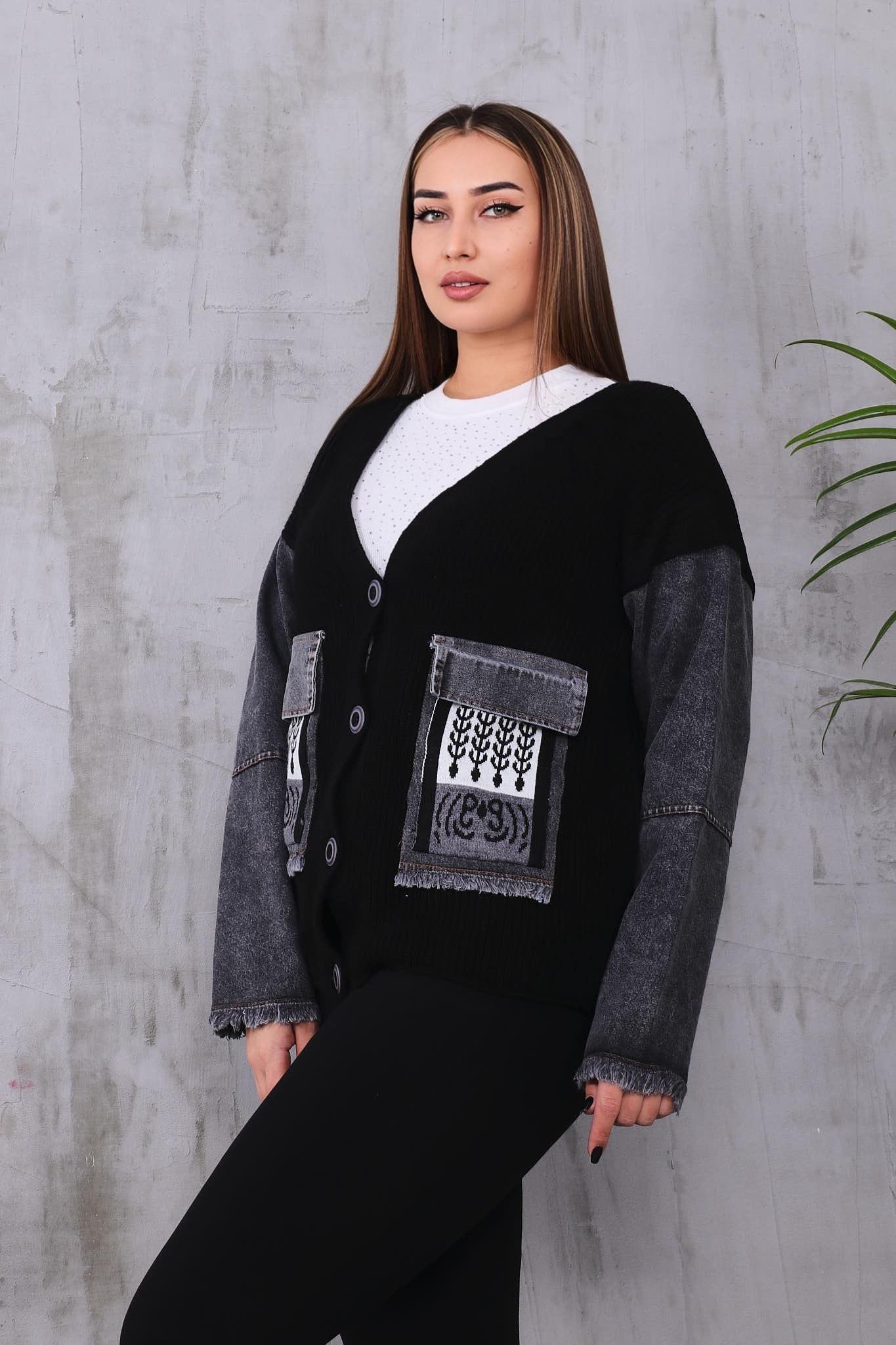 Hırka Büyük Beden Kolları Jean Detaylı Hırka