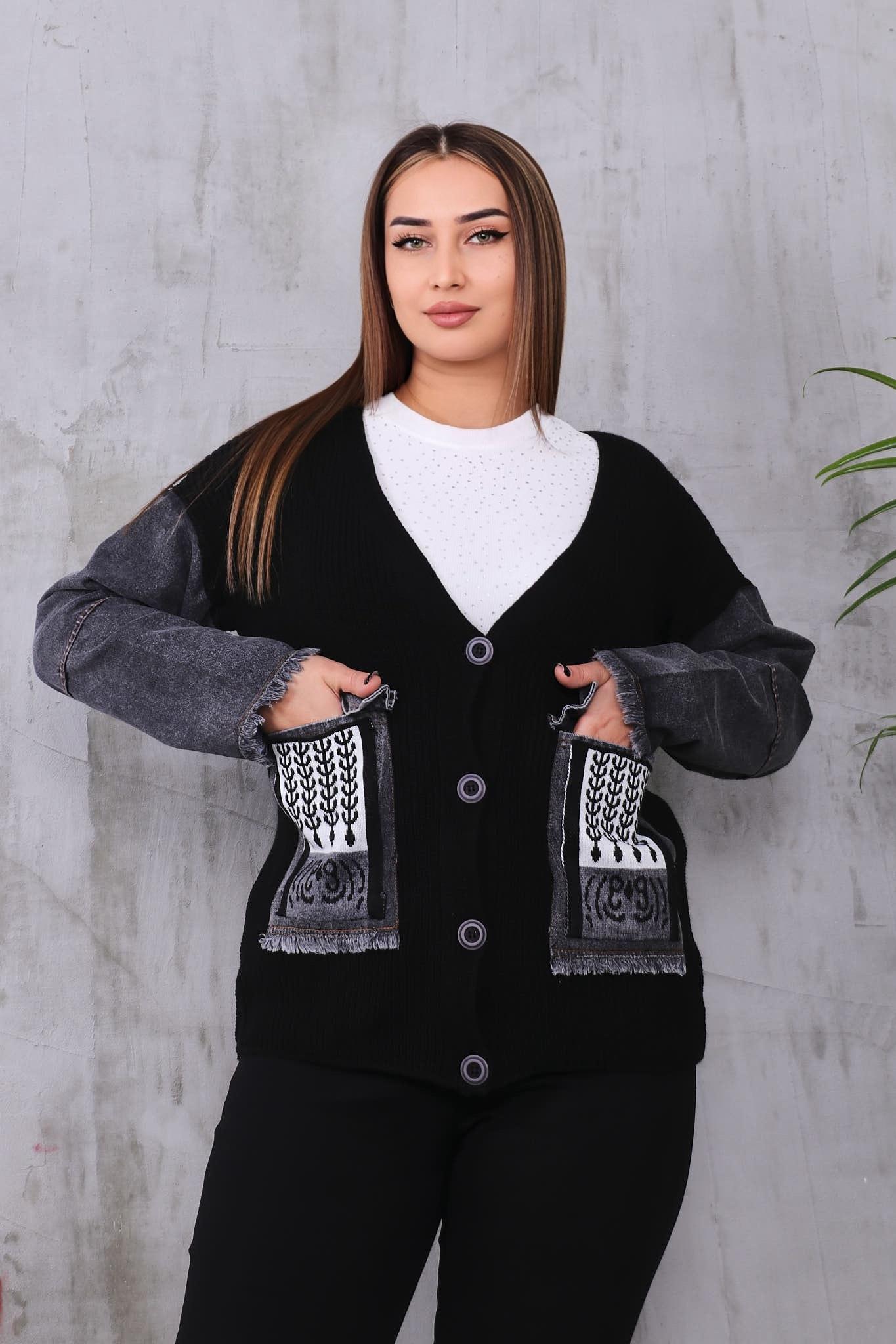 Hırka Büyük Beden Kolları Jean Detaylı Hırka