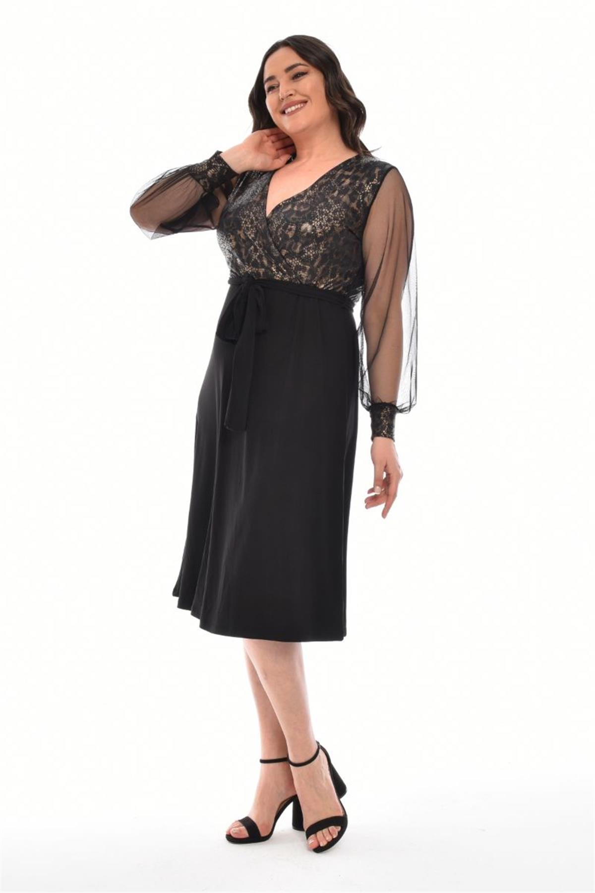 Elbise Büyük Beden Kruvaze Yaka Varaklı Kolları Tüllü Midi Boy Elbise Desen 2