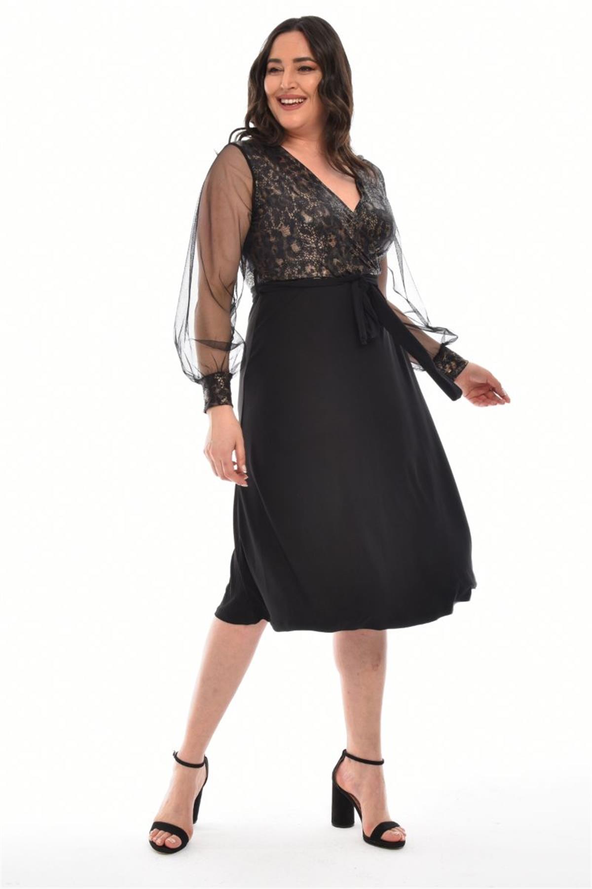 Elbise Büyük Beden Kruvaze Yaka Varaklı Kolları Tüllü Midi Boy Elbise Desen 2