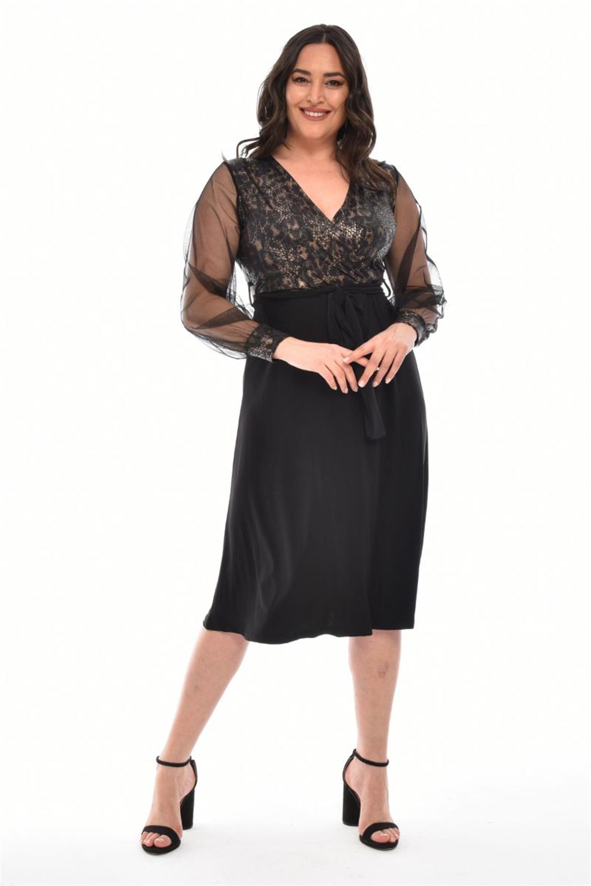 Elbise Büyük Beden Kruvaze Yaka Varaklı Kolları Tüllü Midi Boy Elbise Desen 2