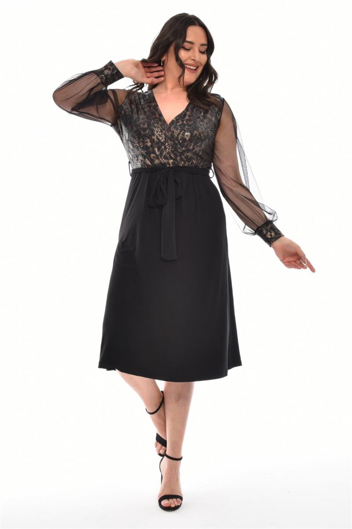 Elbise Büyük Beden Kruvaze Yaka Varaklı Kolları Tüllü Midi Boy Elbise Desen 2