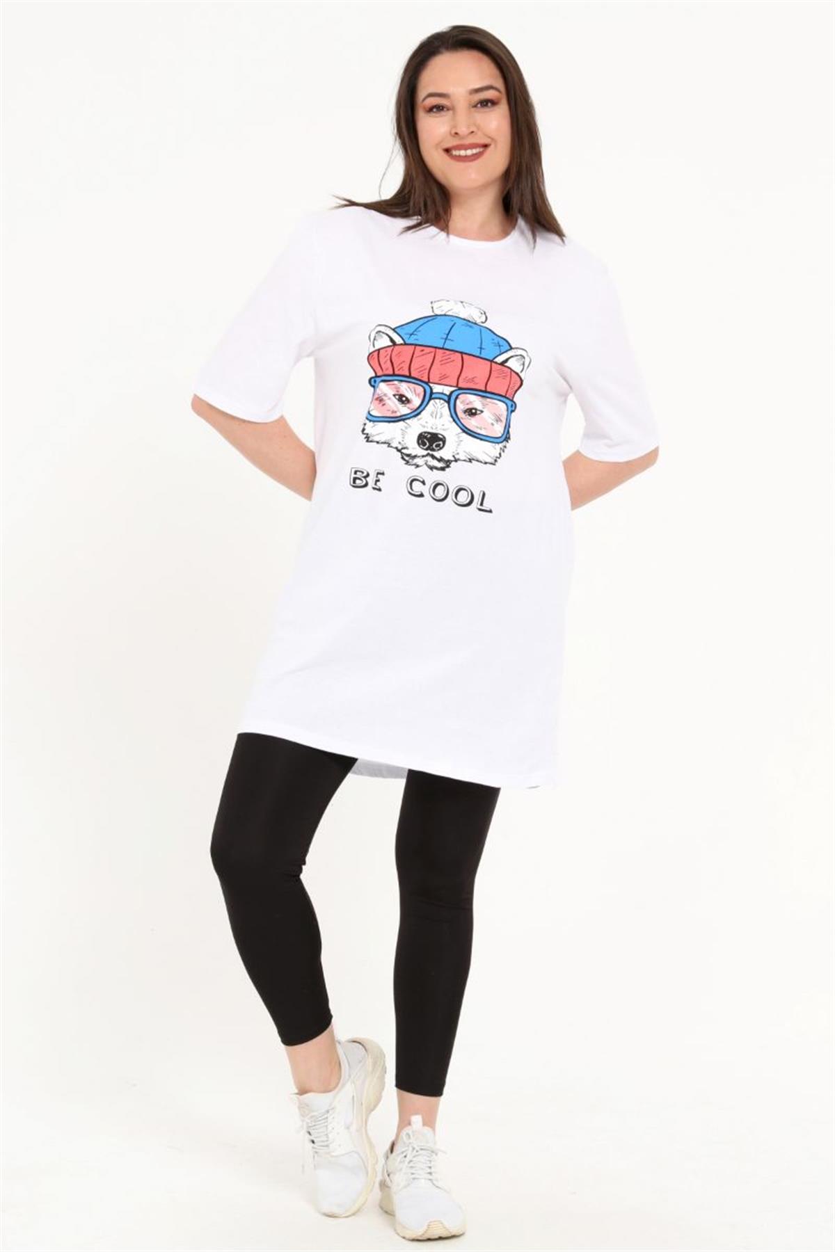 Tshirt Büyük Beden Kurt Baskılı Tunik T-Shirt Beyaz