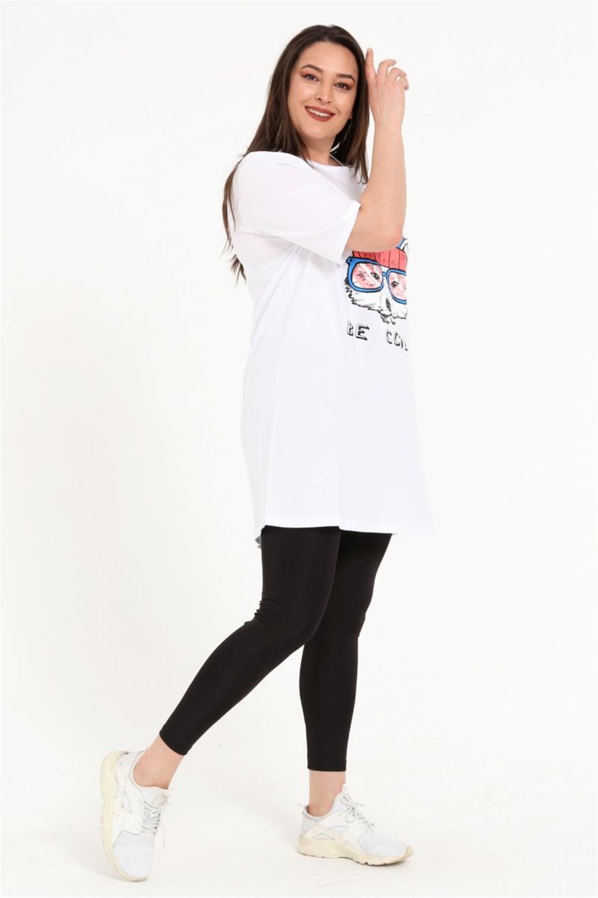 Tshirt Büyük Beden Kurt Baskılı Tunik T-Shirt Beyaz