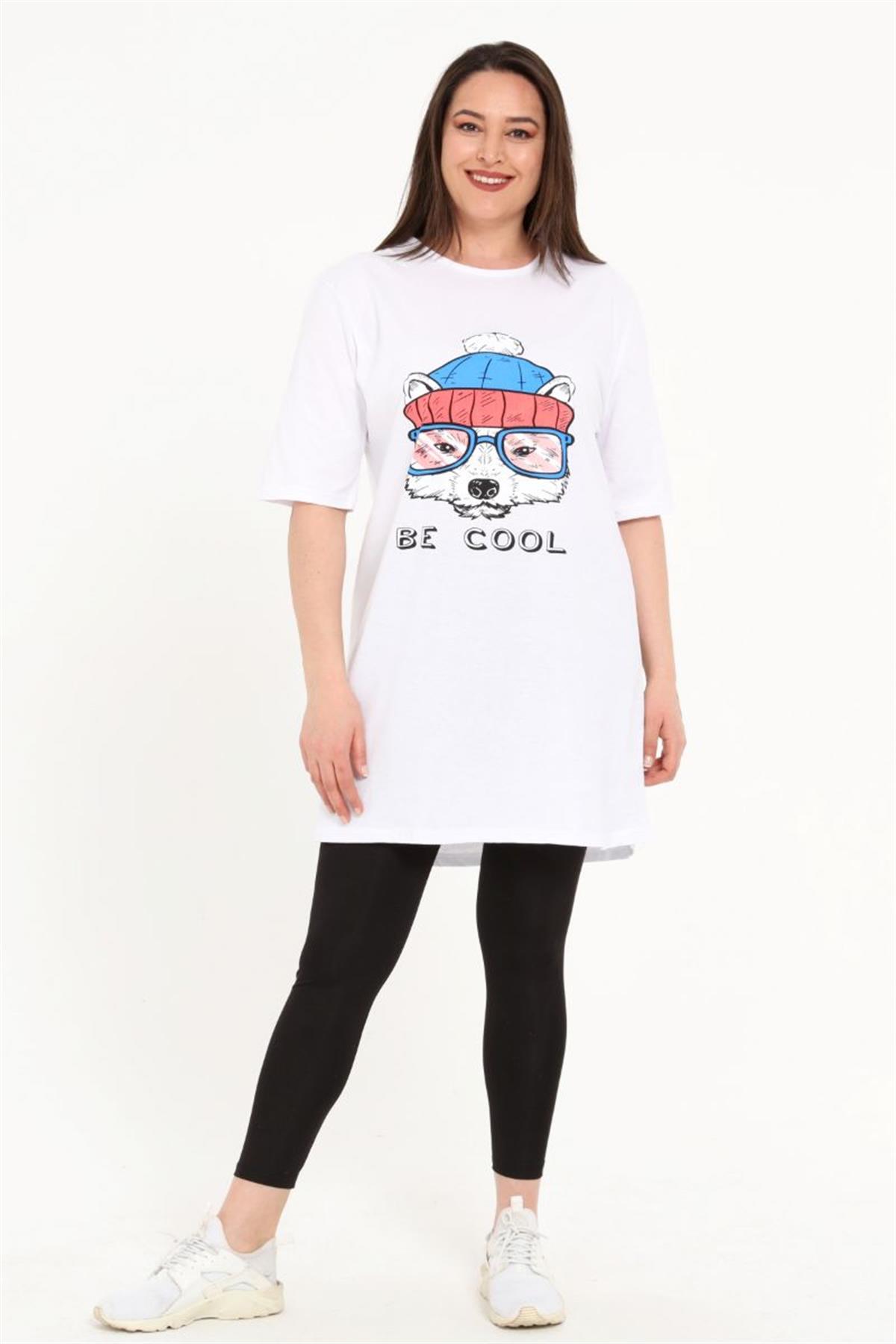 Tshirt Büyük Beden Kurt Baskılı Tunik T-Shirt Beyaz