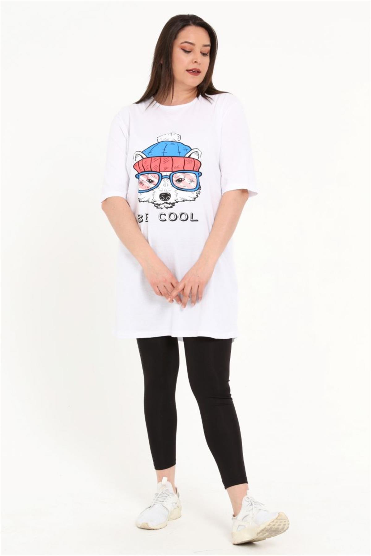Tshirt Büyük Beden Kurt Baskılı Tunik T-Shirt Beyaz