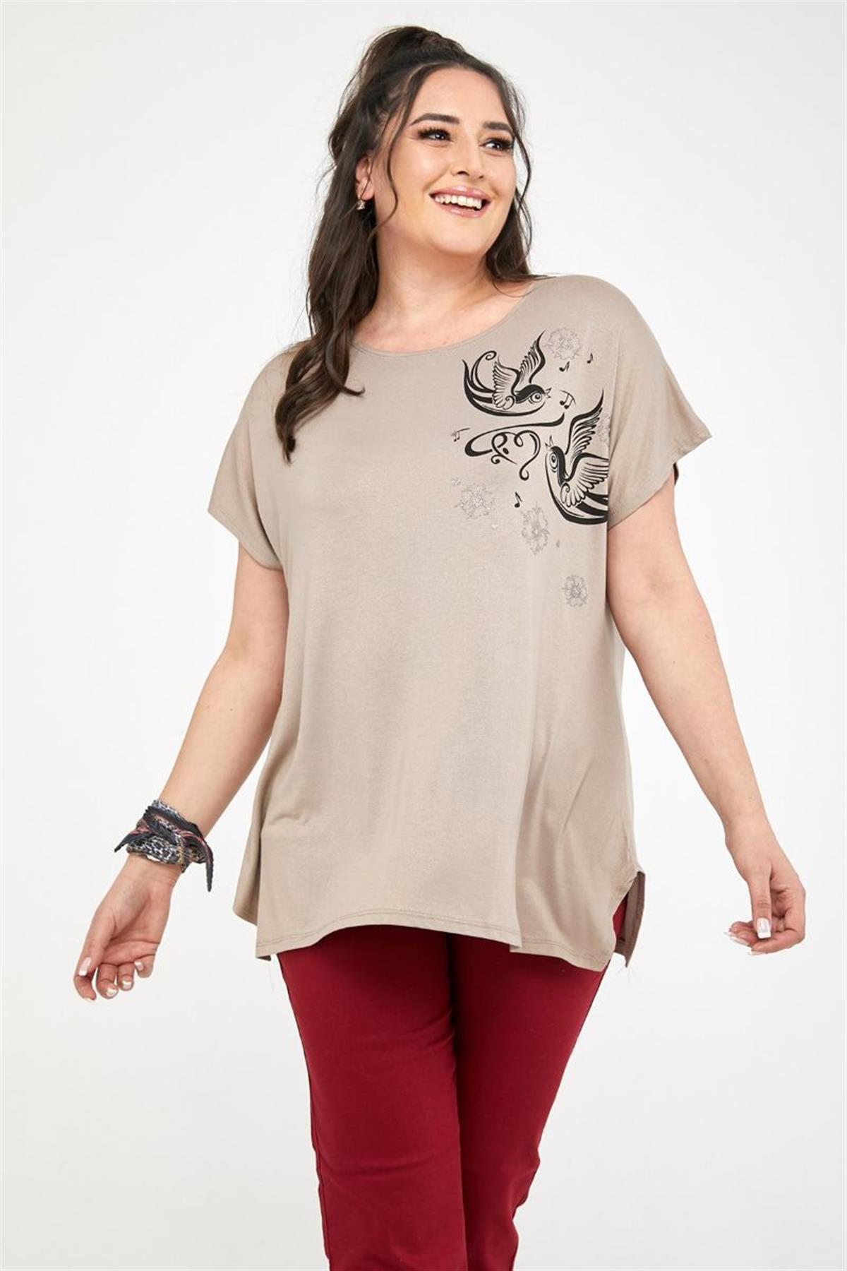 Tshirt Büyük Beden Kuş Baskılı Oversize Pamuklu Likralı T-Shirt Bej