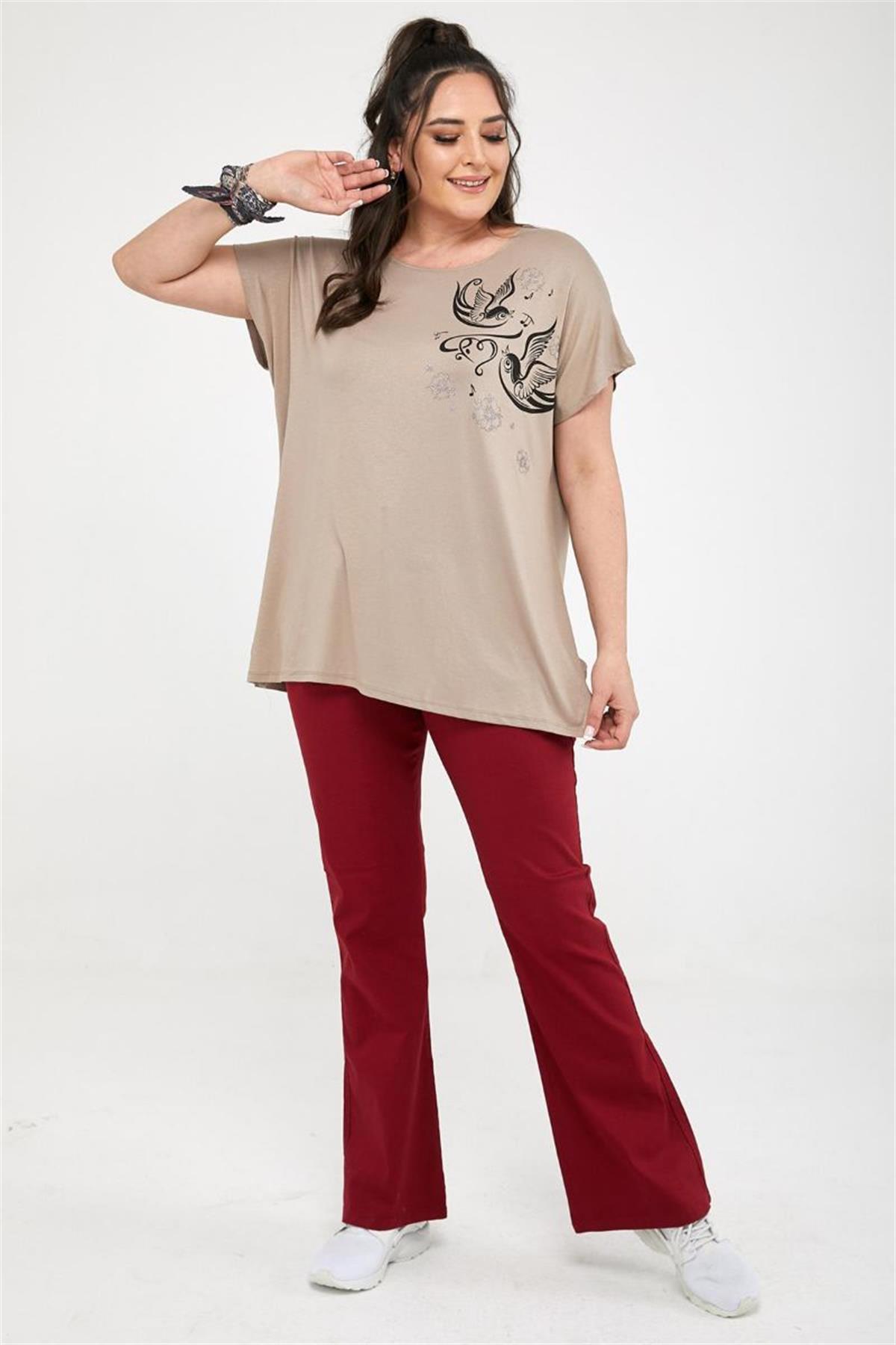 Tshirt Büyük Beden Kuş Baskılı Oversize Pamuklu Likralı T-Shirt Bej