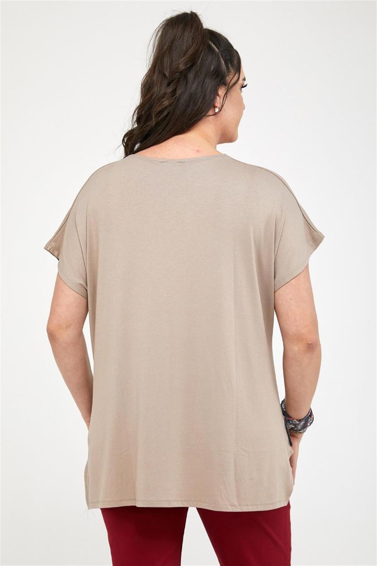 Tshirt Büyük Beden Kuş Baskılı Oversize Pamuklu Likralı T-Shirt Bej