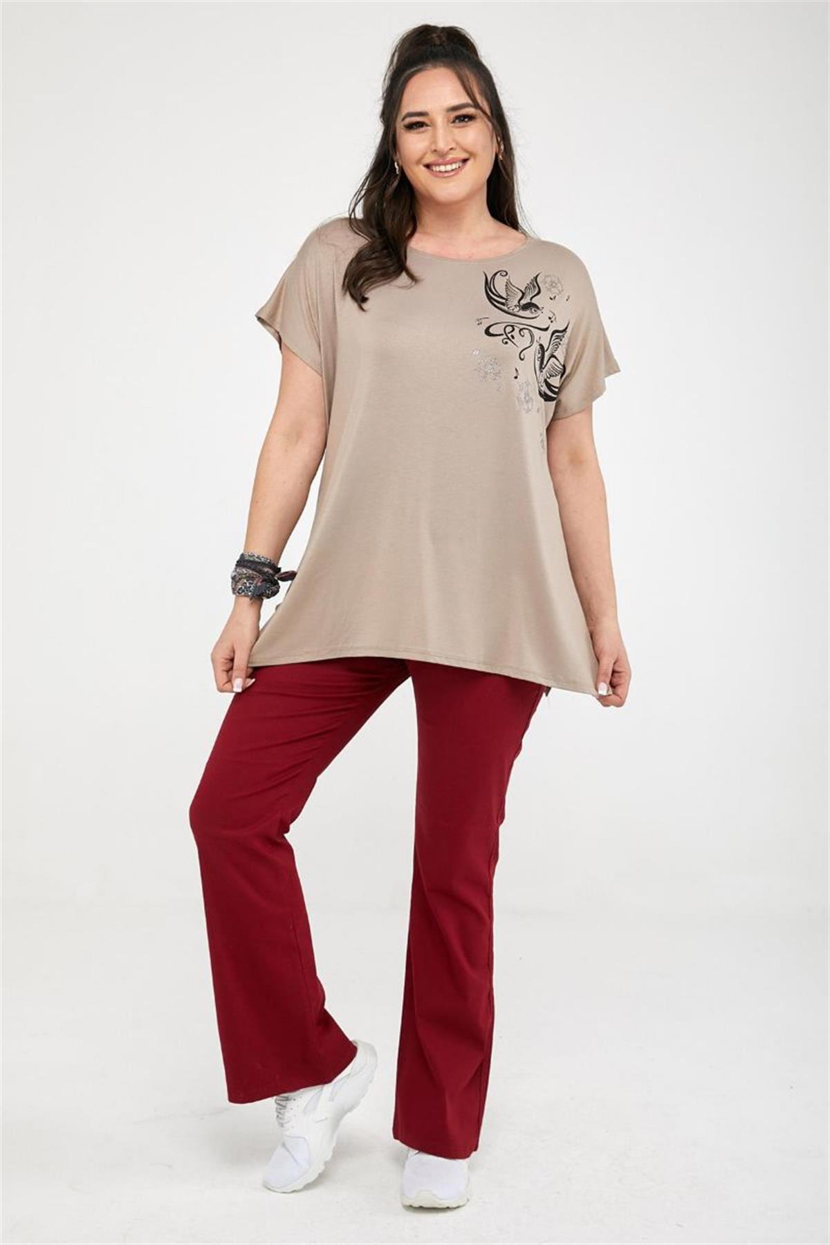 Tshirt Büyük Beden Kuş Baskılı Oversize Pamuklu Likralı T-Shirt Bej