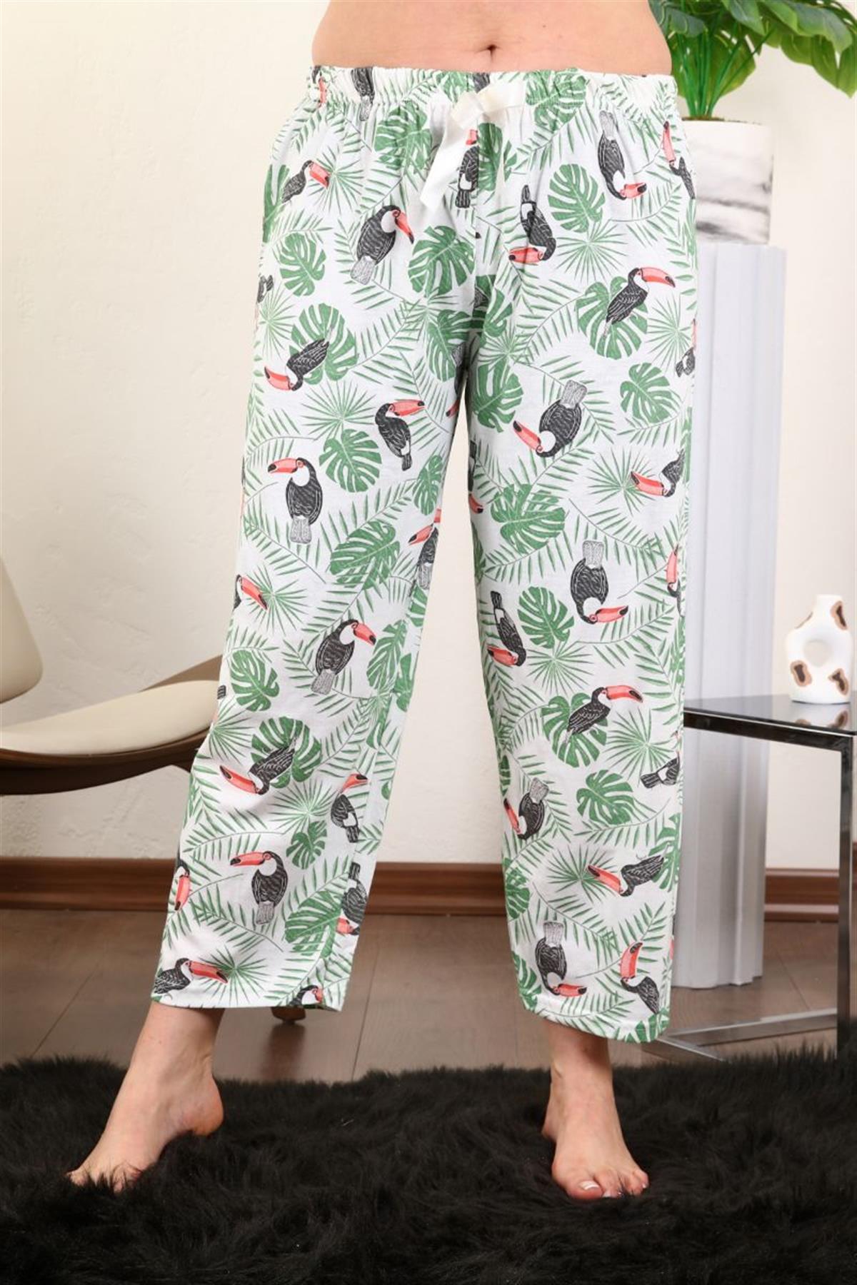 Pijama Takımı Büyük Beden Kuş Baskılı Pijama Altı Yeşil