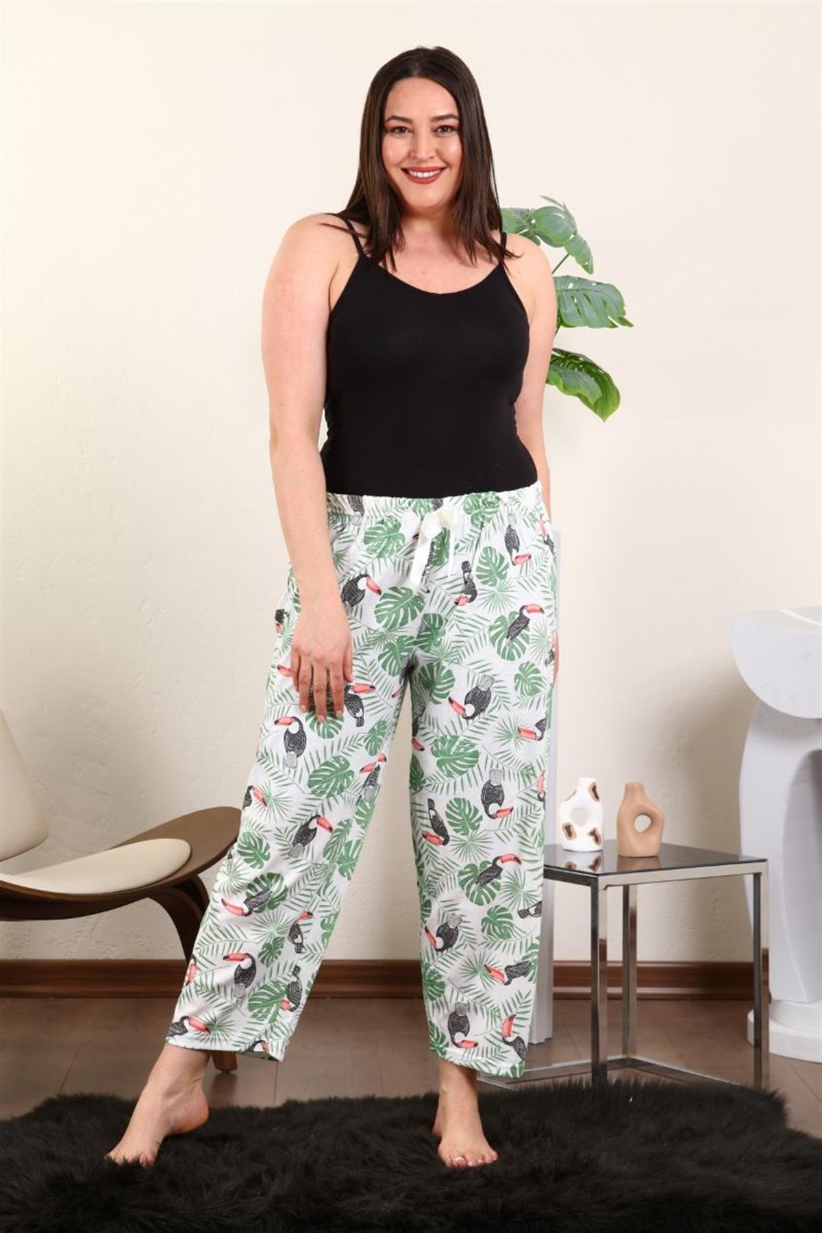 Pijama Takımı Büyük Beden Kuş Baskılı Pijama Altı Yeşil