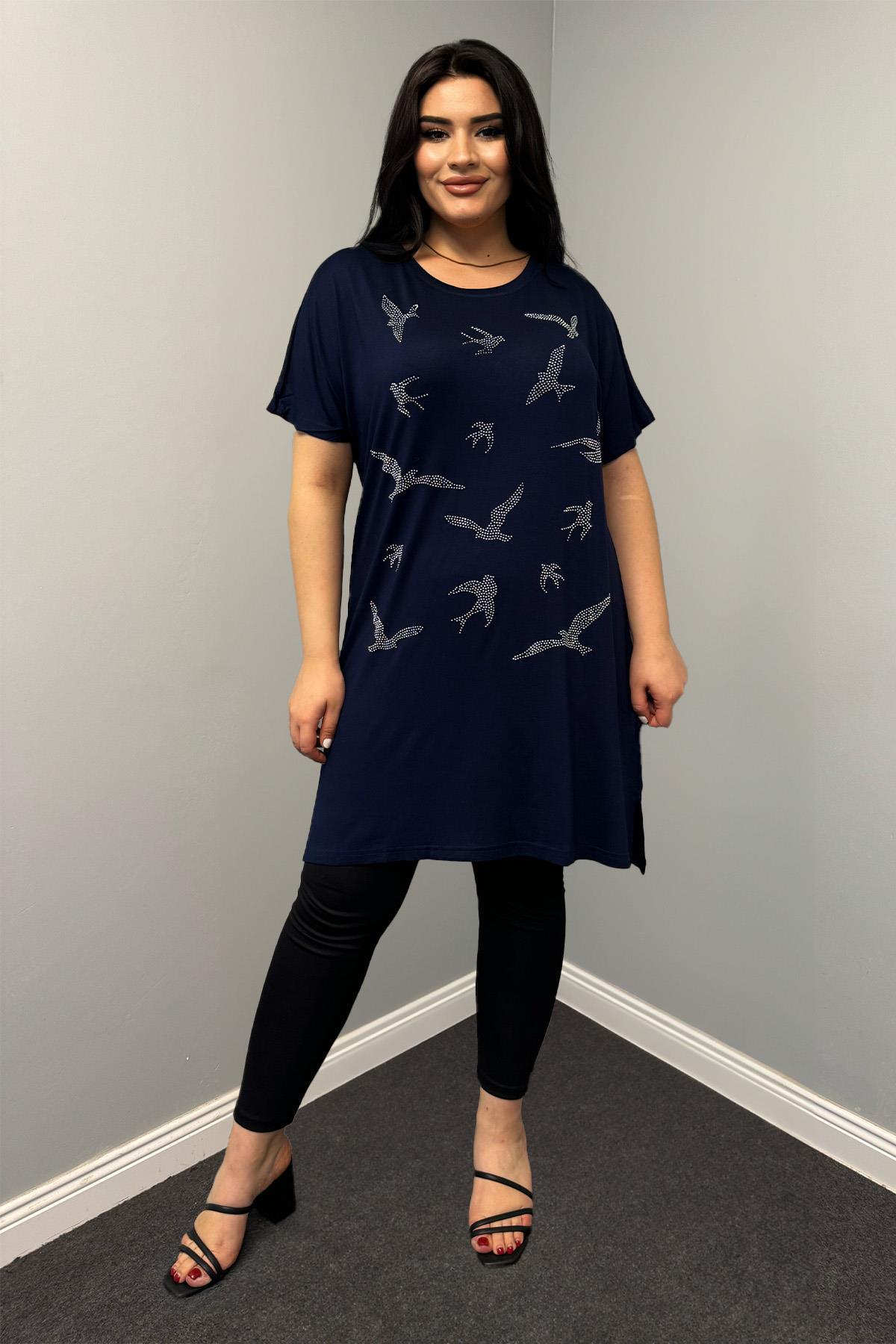 Tshirt Büyük Beden Kuş Taş Baskılı Tunik Tshirt