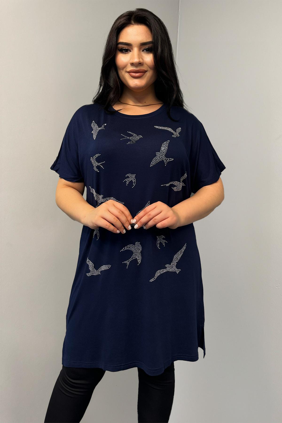 Tshirt Büyük Beden Kuş Taş Baskılı Tunik Tshirt