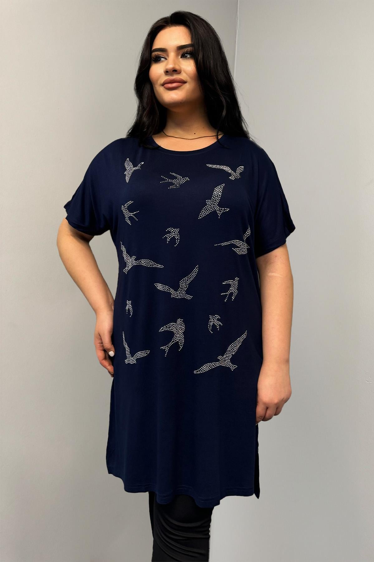 Tshirt Büyük Beden Kuş Taş Baskılı Tunik Tshirt