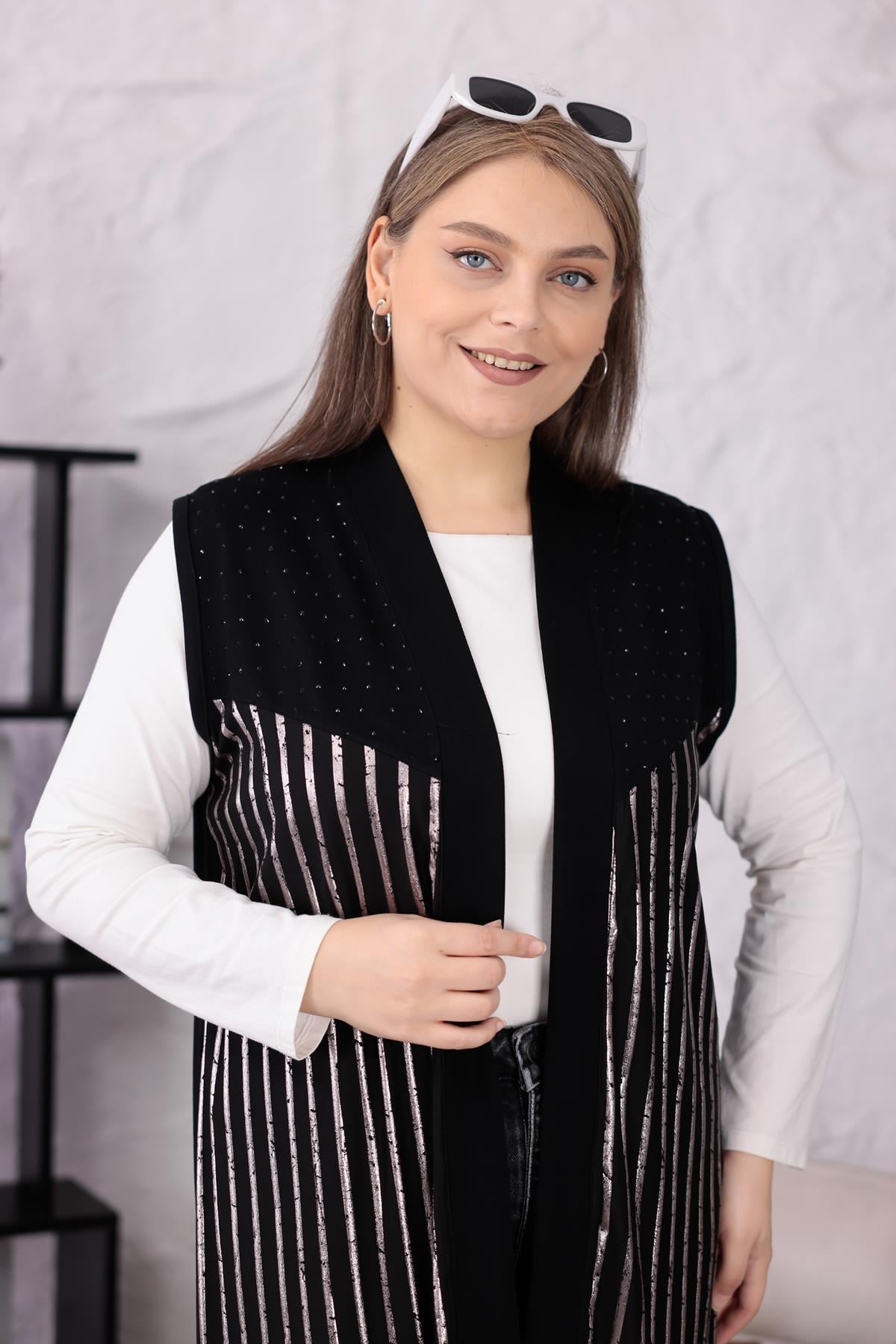 Yelek Büyük Beden Lak Baskılı Taşlı Yelek