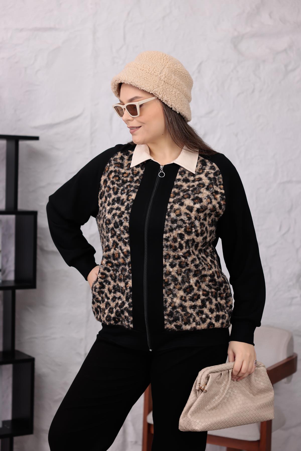 Hırka Büyük Beden Leopar Bukle Kumaş Hırka