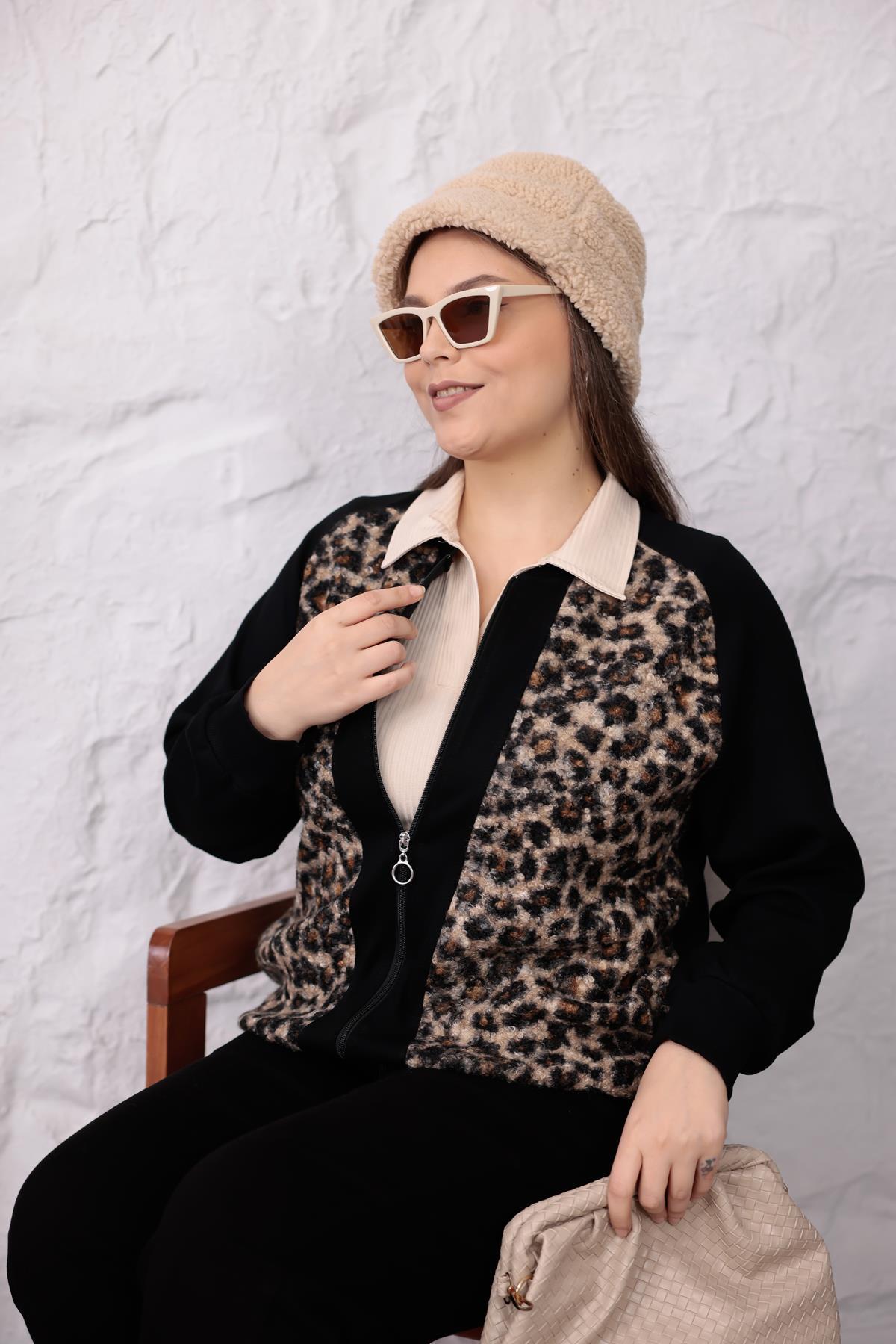 Hırka Büyük Beden Leopar Bukle Kumaş Hırka