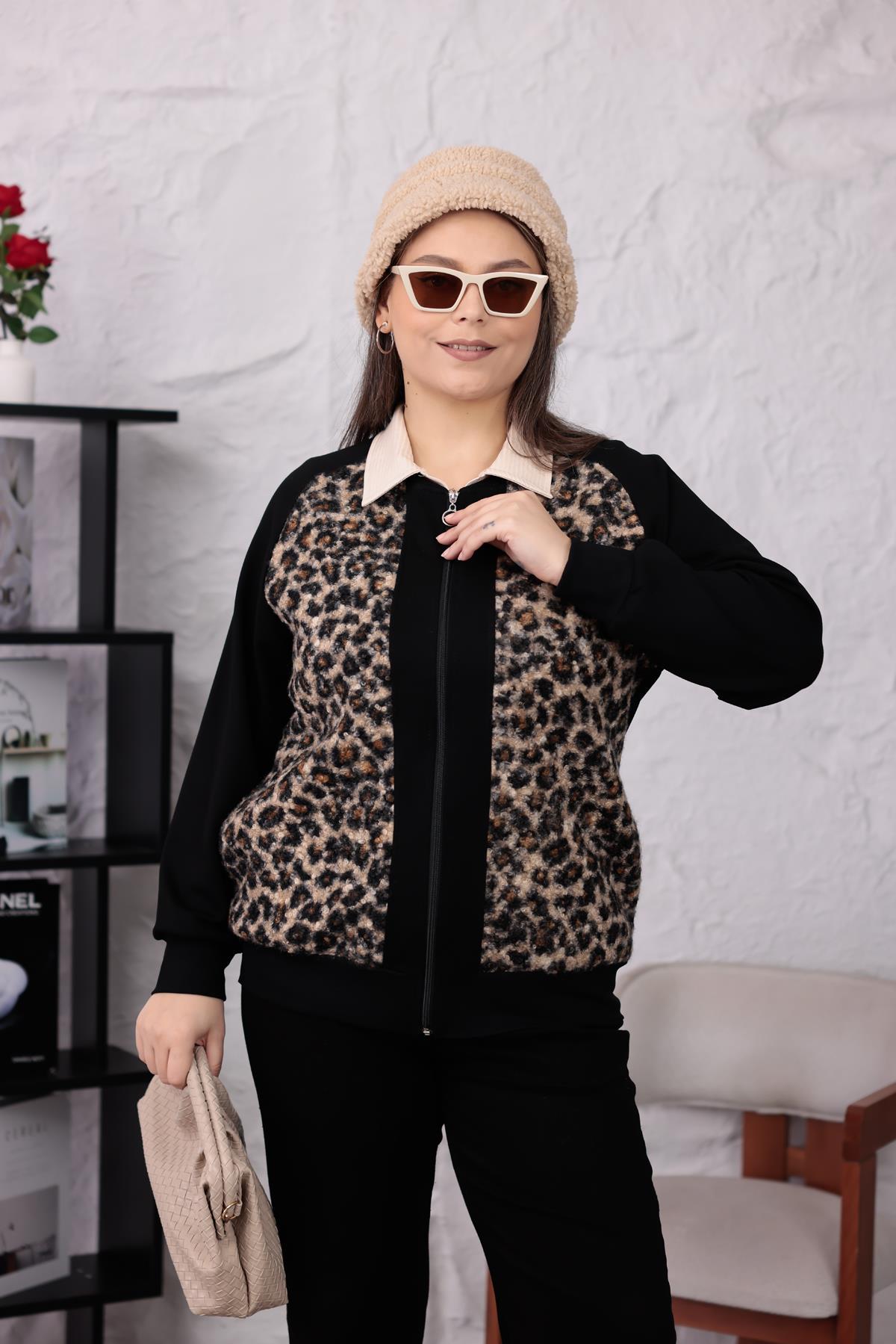 Hırka Büyük Beden Leopar Bukle Kumaş Hırka