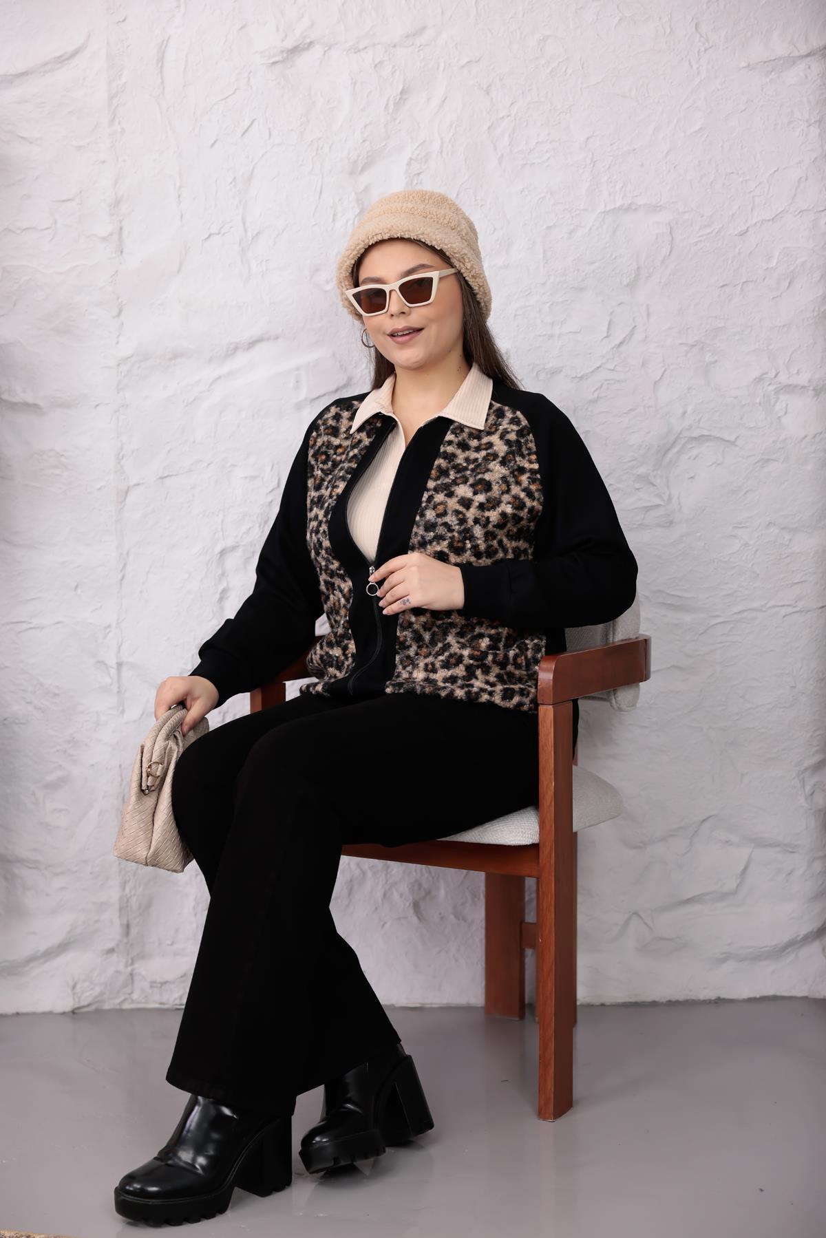 Hırka Büyük Beden Leopar Bukle Kumaş Hırka