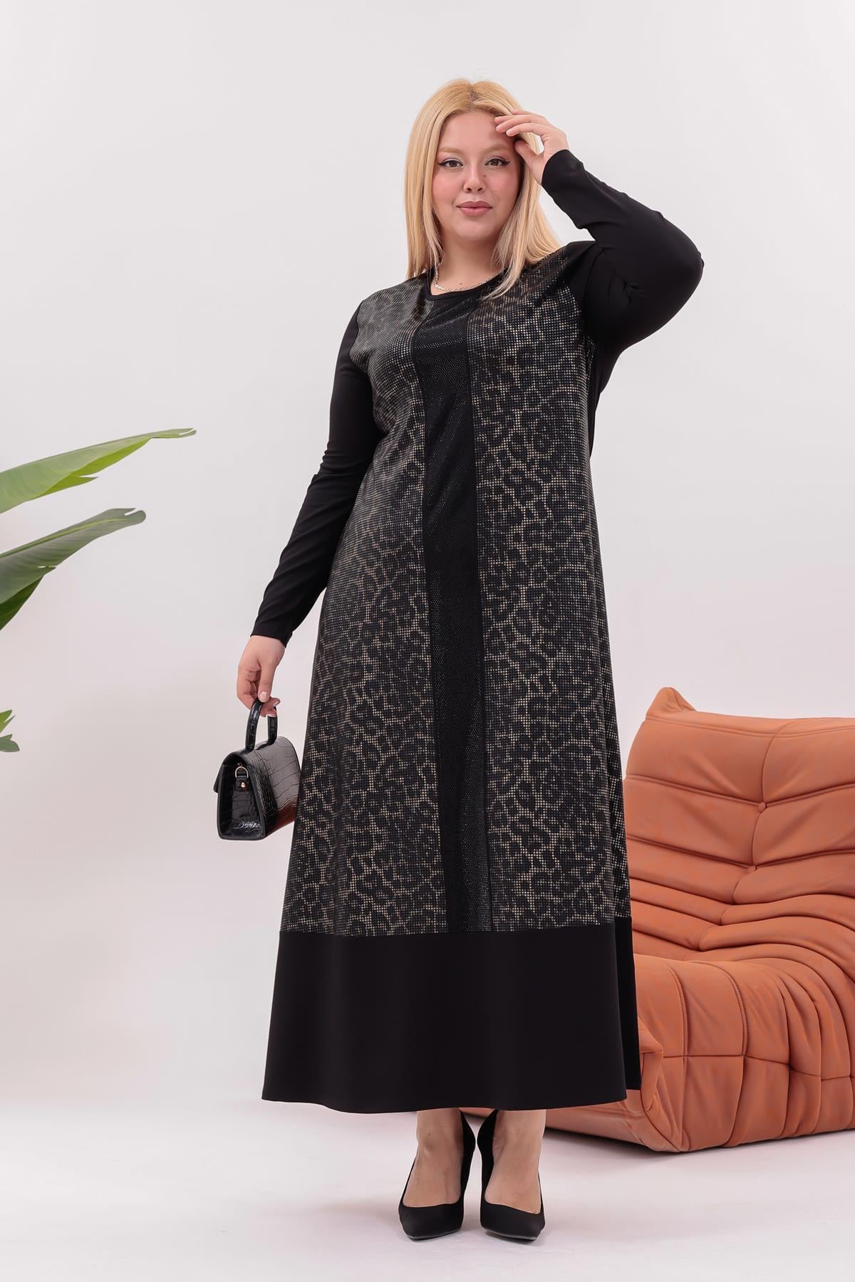 Elbise Büyük Beden Leopar Detaylı Taşlı Elbise