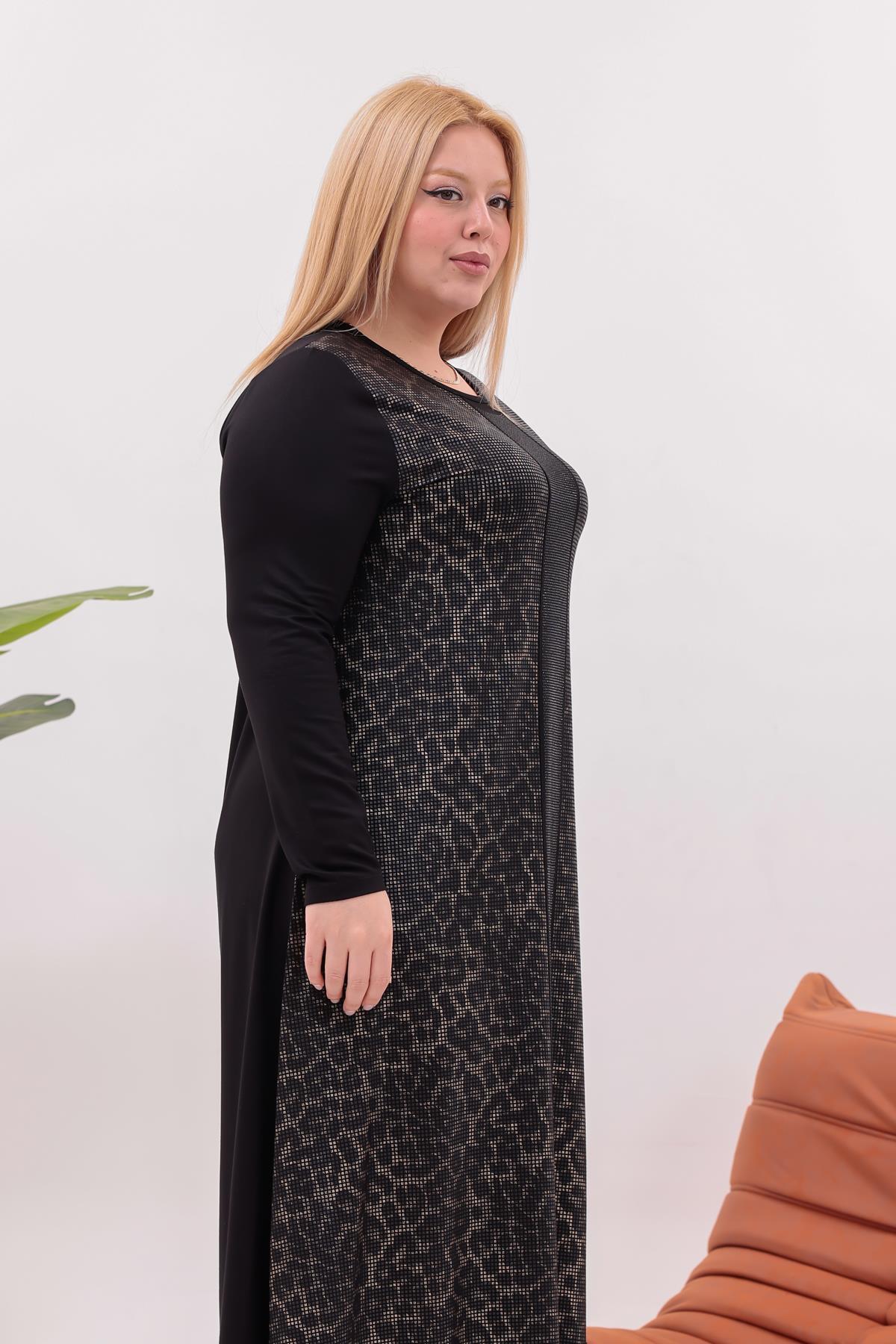 Elbise Büyük Beden Leopar Detaylı Taşlı Elbise