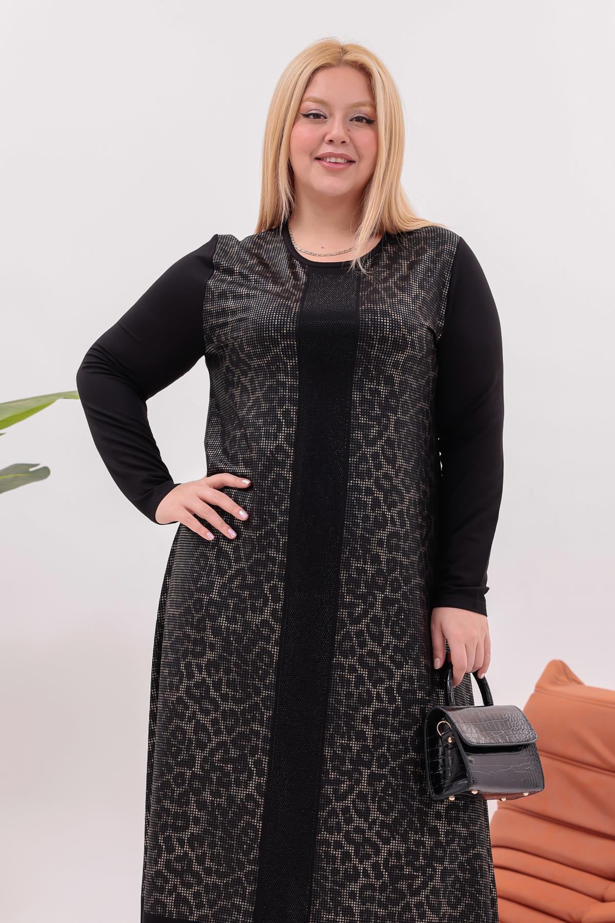 Elbise Büyük Beden Leopar Detaylı Taşlı Elbise