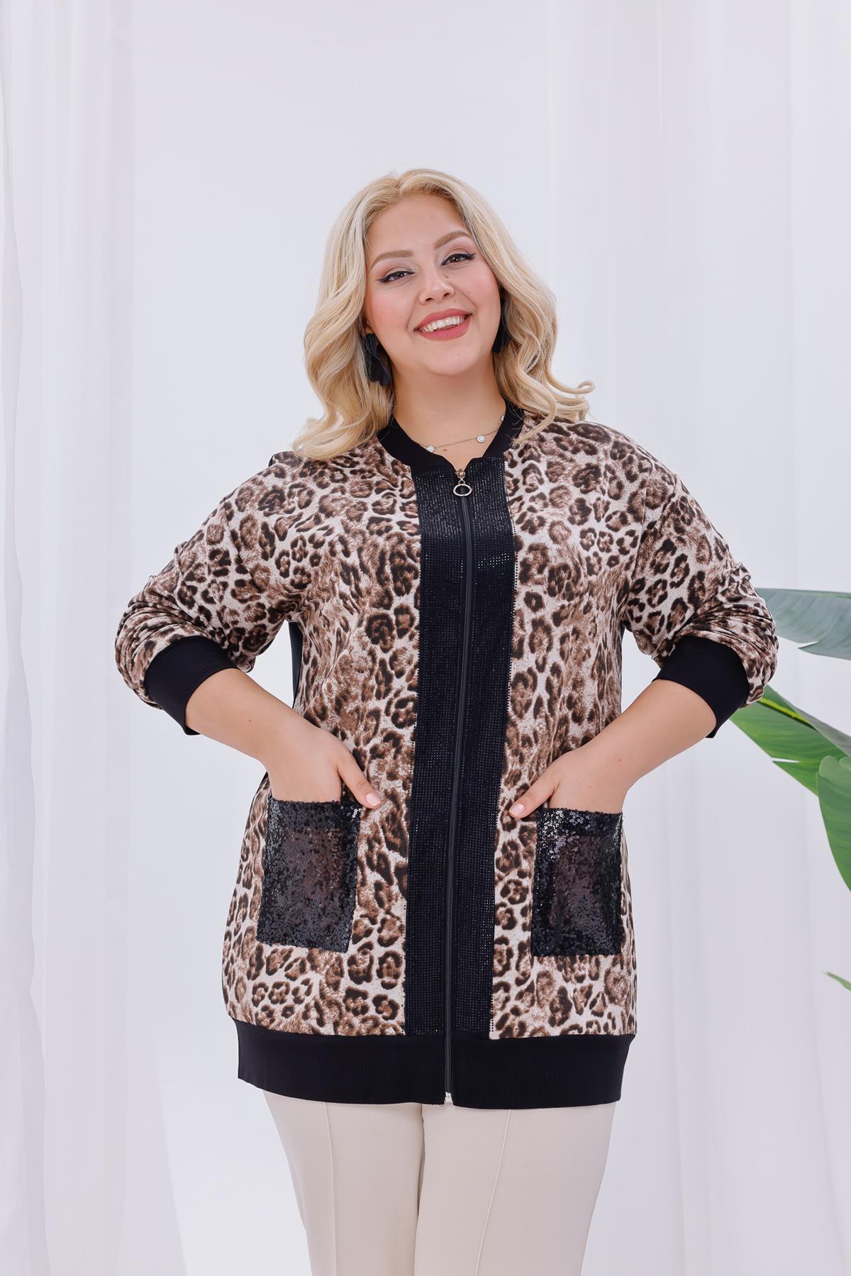 Hırka Büyük Beden Leopar Fermuarlı Hırka