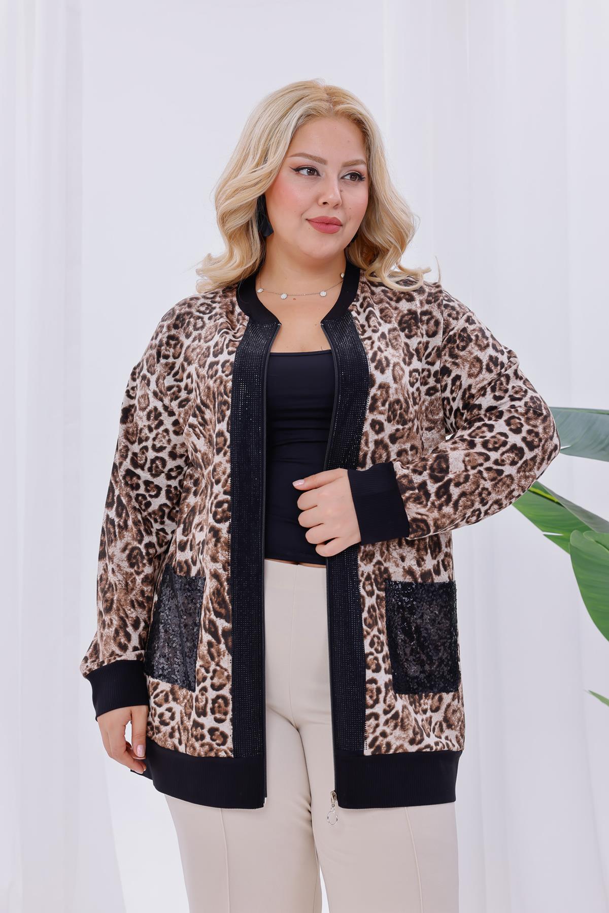 Hırka Büyük Beden Leopar Fermuarlı Hırka